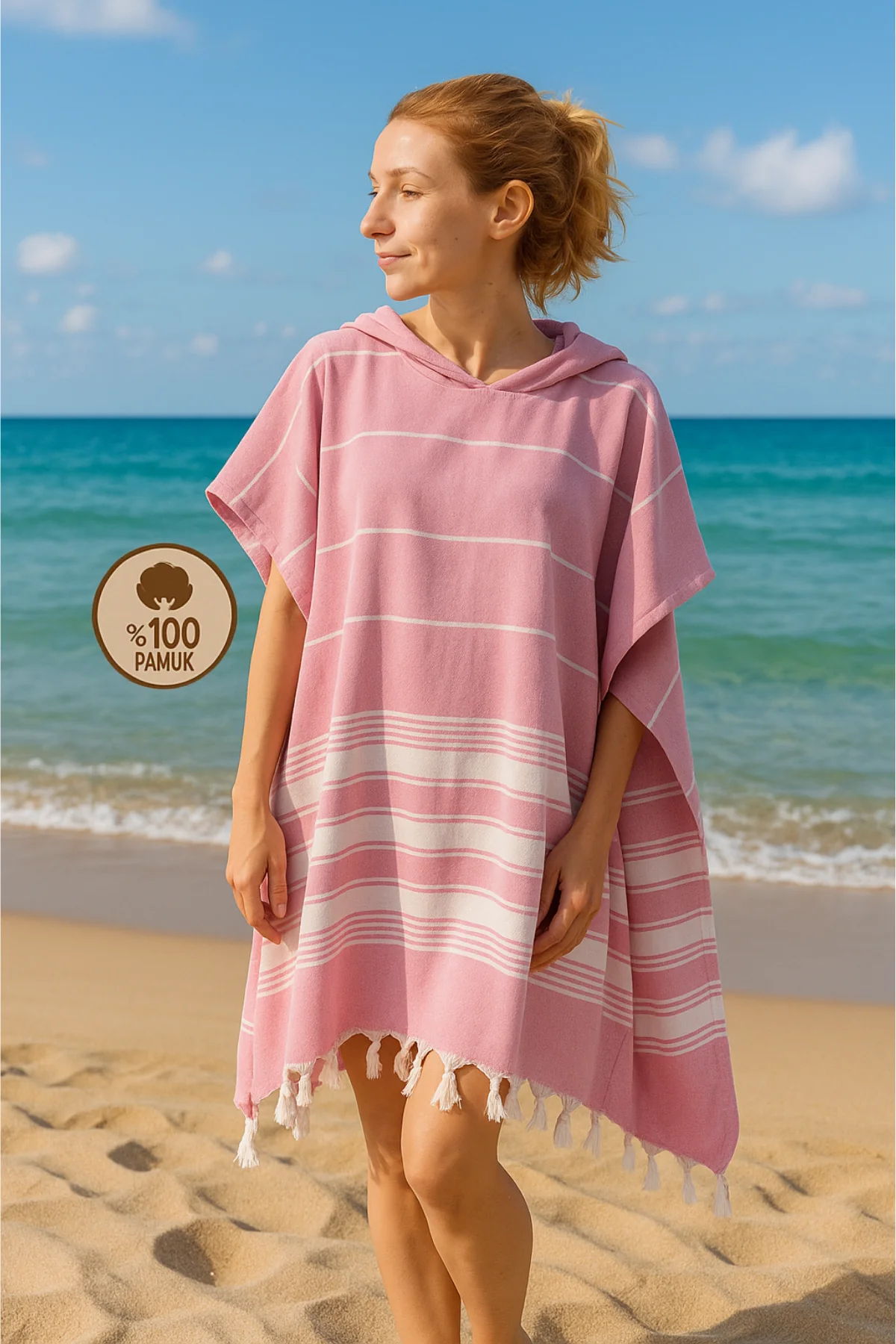 Pamuklu Yetişkin Peştamal Panço Bornoz Plaj Havlusu Pembe