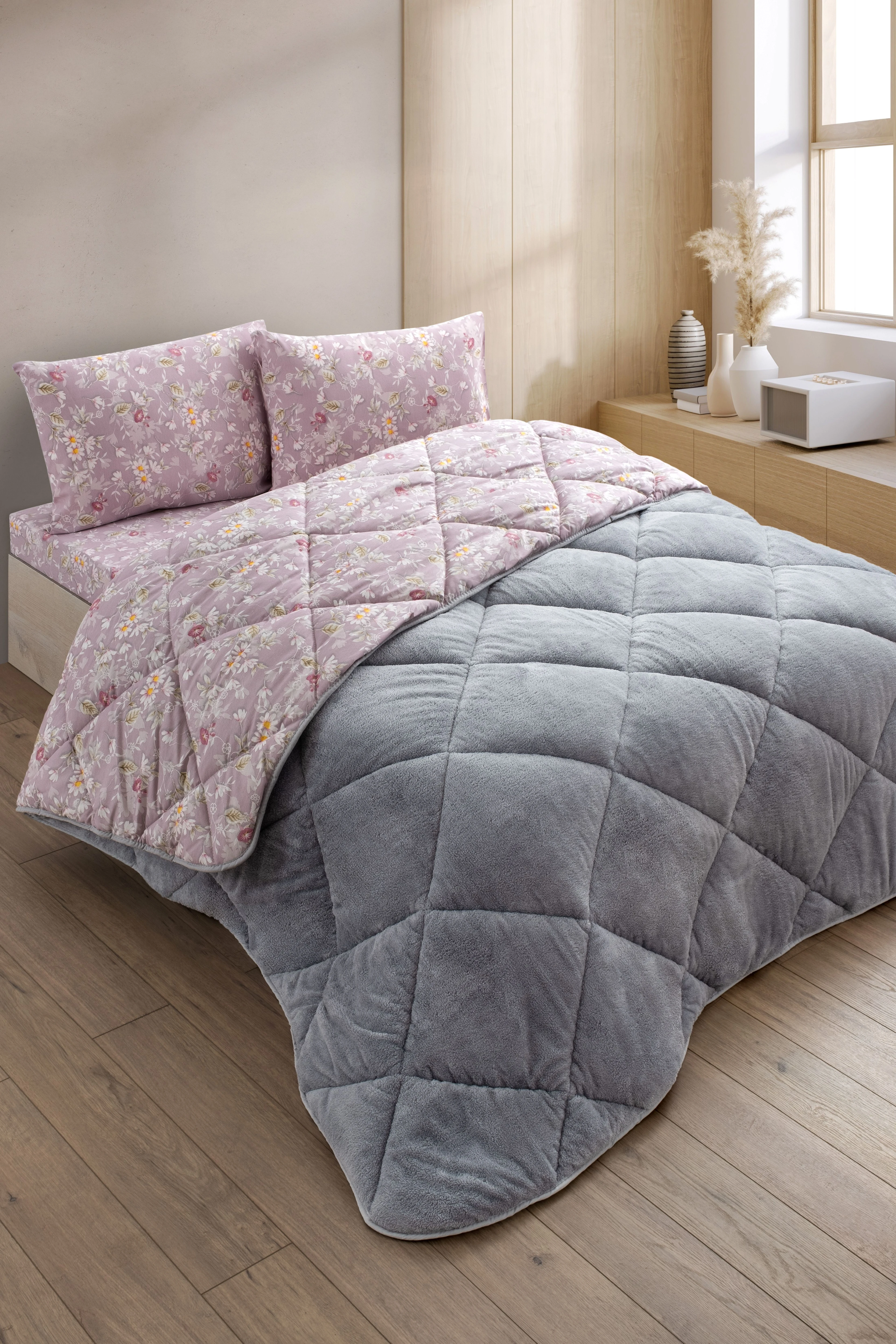 Nordelle Battal Boy Lüx Wellsoft Yorgan Çift Taraflı - 2 Adet Yastık Kılıflı Yorgan Seti 215x235 cm - Gri-Pudra