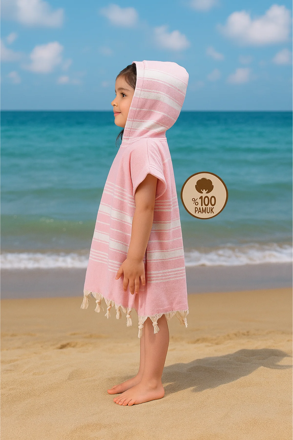 Çocuk Bornoz Panço %100 Pamuk Plaj Havlusu Peştamal Pembe