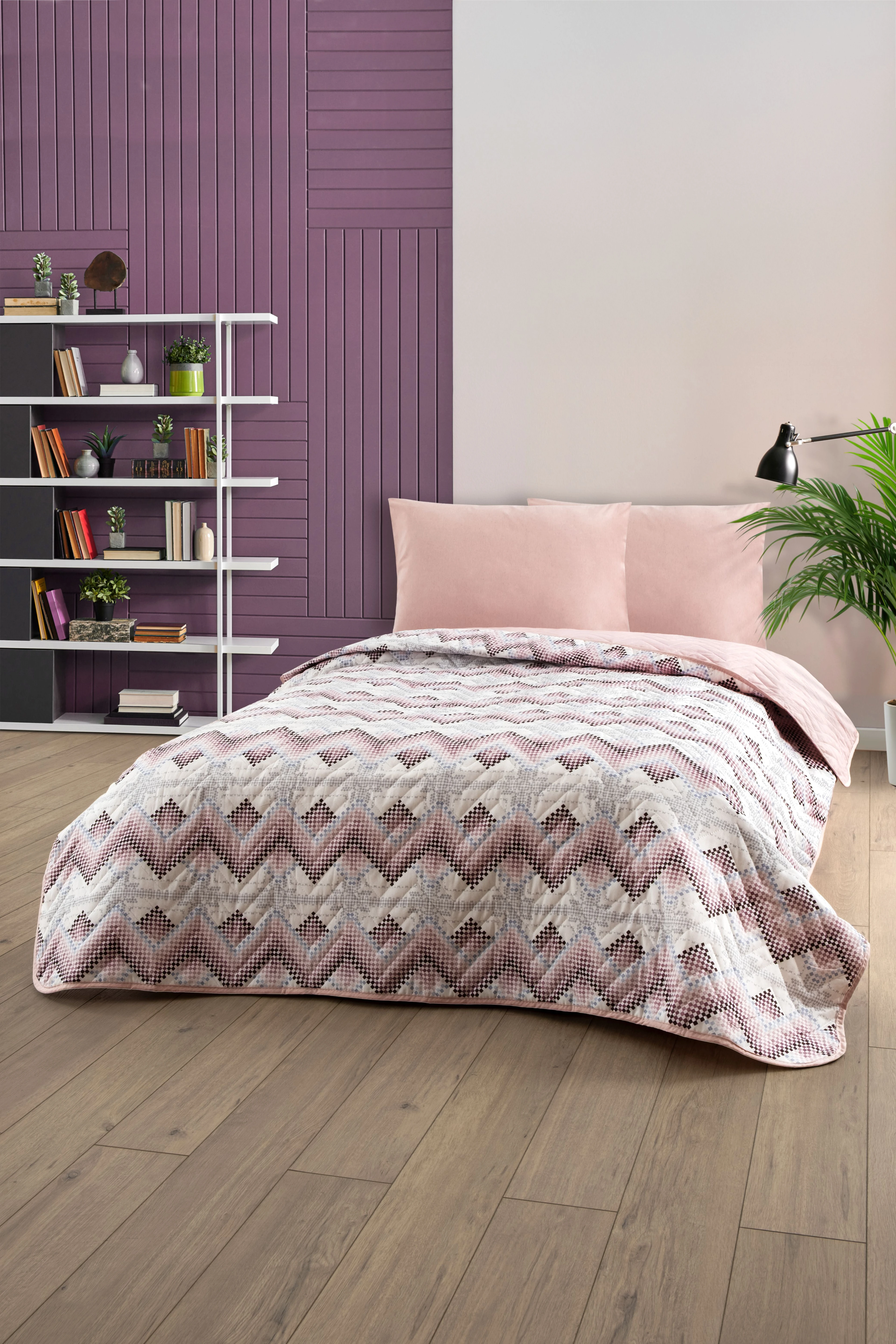 Çift Kişilik Desenli Kapitone Çift Taraflı Renkli Pike Yatak Örtüsü Takımı 200 x 230 cm (Çarşafsız) - Pudra