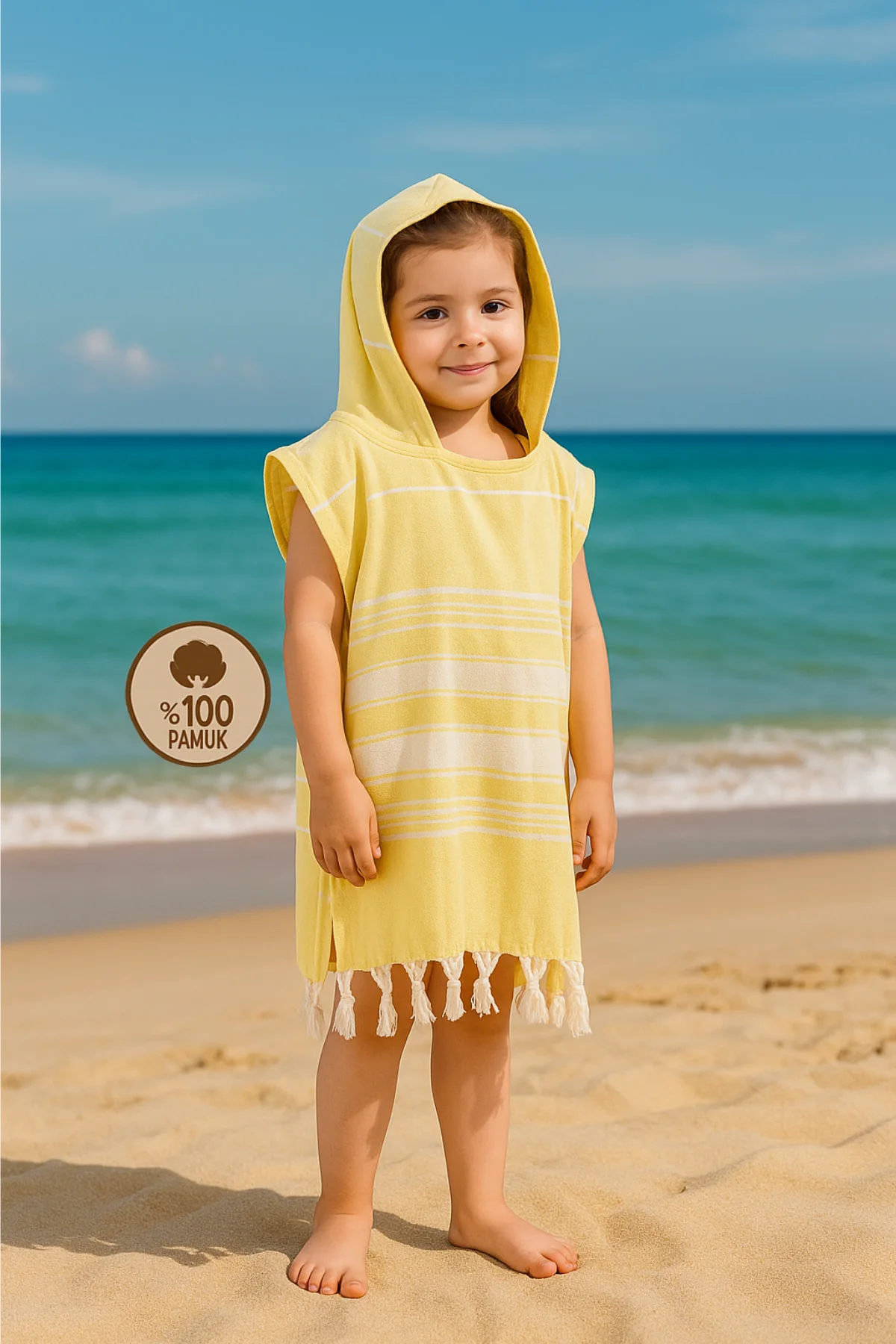 Çocuk Bornoz Panço %100 Pamuk Plaj Havlusu Peştamal Sarı