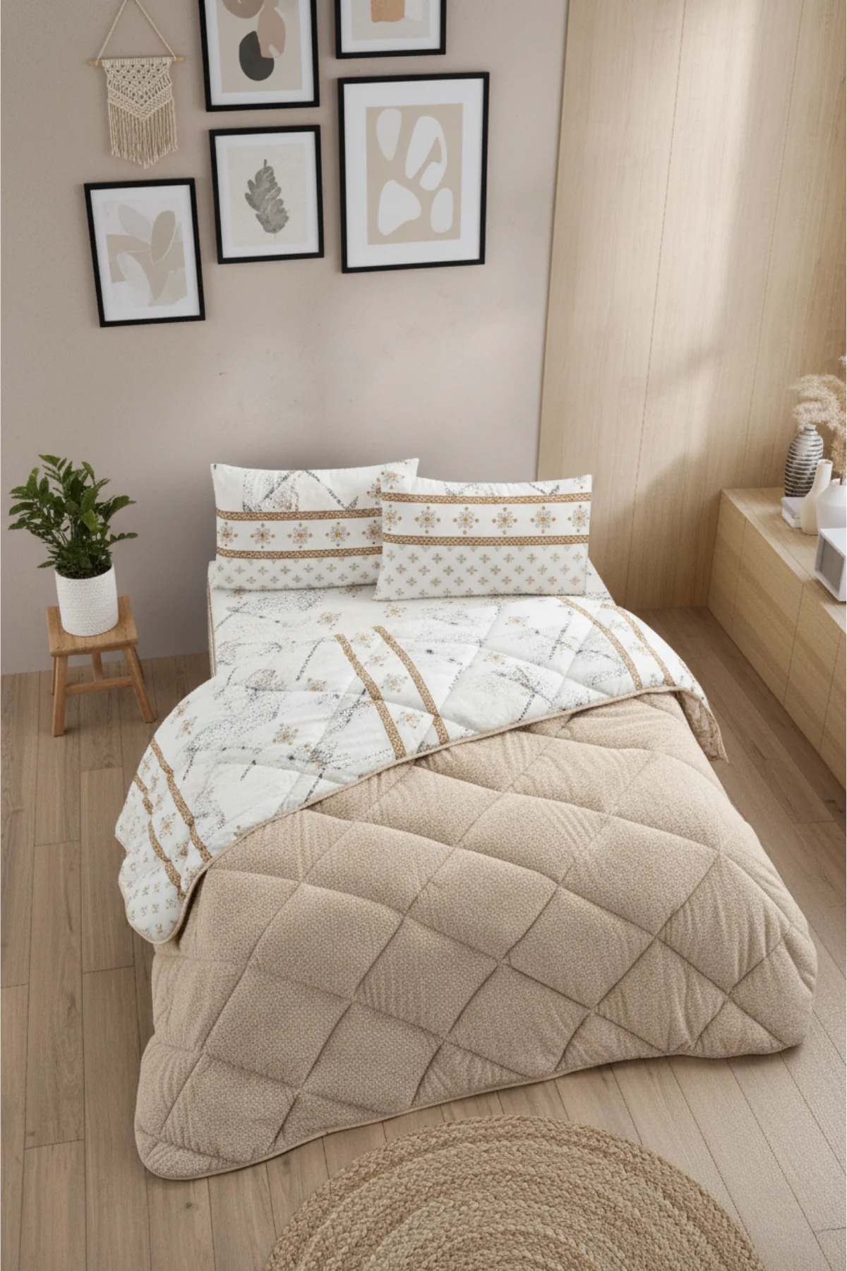 Veluna Battal Boy Lüx Wellsoft Yorgan Çift Taraflı - 2 Adet Yastık Kılıflı Yorgan Seti 215x235 cm - Bej