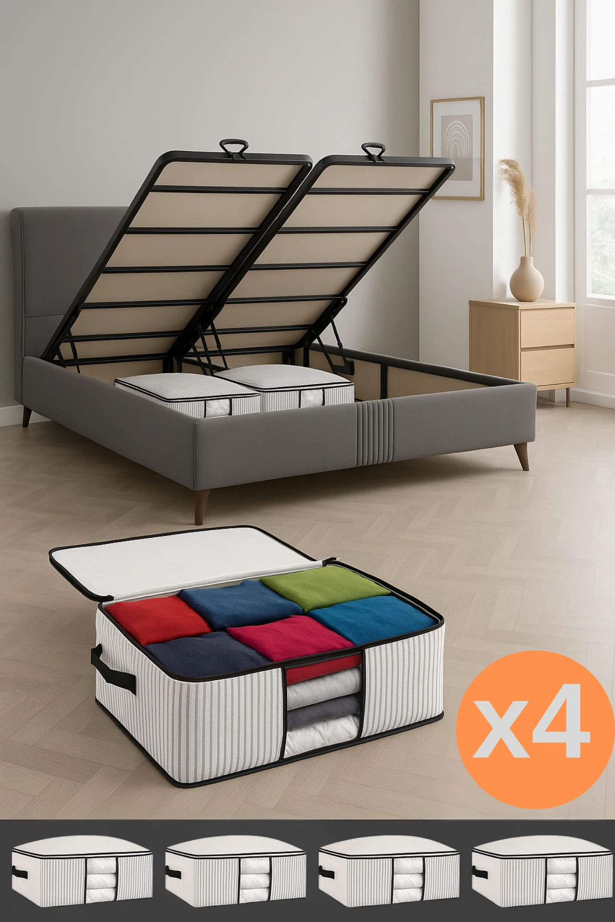 Baza ve Yatak Altı Uyumlu 4 Adet Lüks Pencereli Dolap Düzenleyici Hurç Baza Altı Hurç 64x45x22 cm