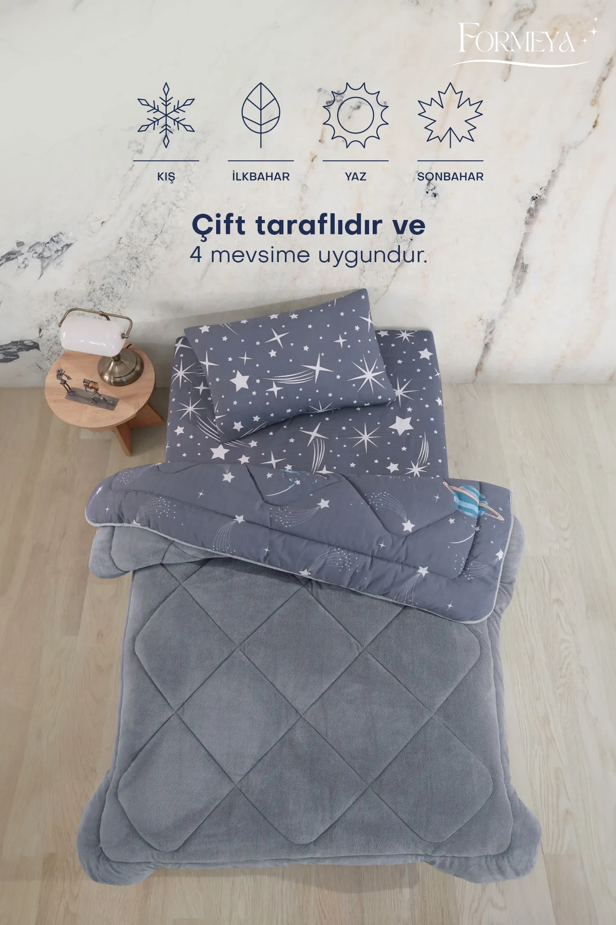 Tek Kişilik Çarşaflı Astronot Desenli Çift Taraflı Wellsoft Uyku Seti (Yorgan+Çarşaf+Yastık Kılıfı)