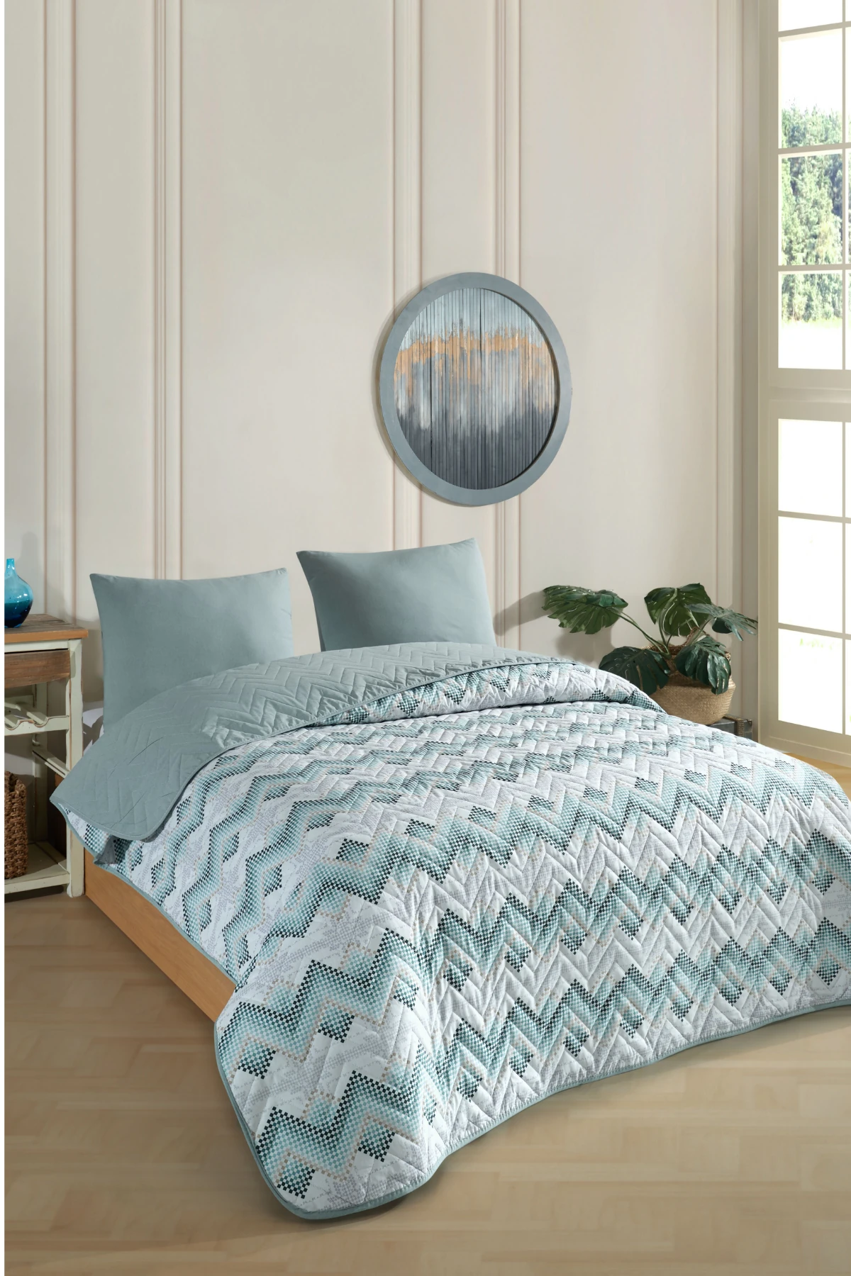 Tek Kişilik Desenli Kapitone Çift Taraflı Renkli Pike Yatak Örtüsü Takımı 160 x 230 cm (Çarşafsız) - Yeşil