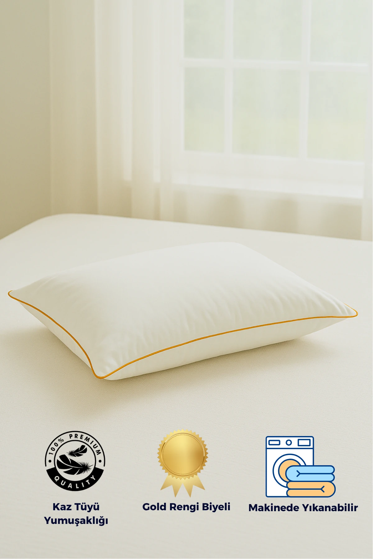 Gold Rengi Biyeli Nanojel Yastık 1100 gram 50x70 cm 1 adet, Lüks Otel Yastığı