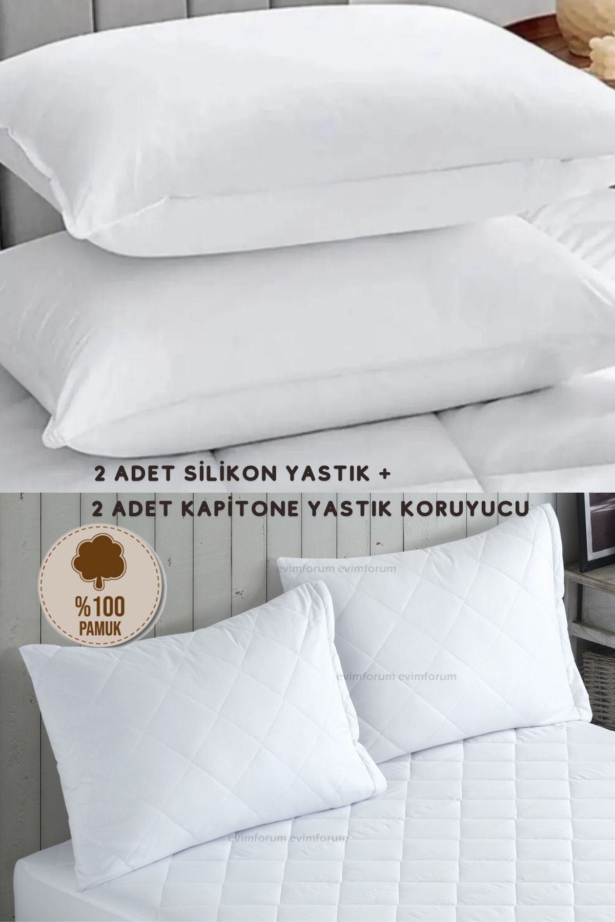 2 Adet Silikon Yastık Ve 2 Adet %100 Pamuk Kapitone Yastık Koruyucu 50 X 70 cm