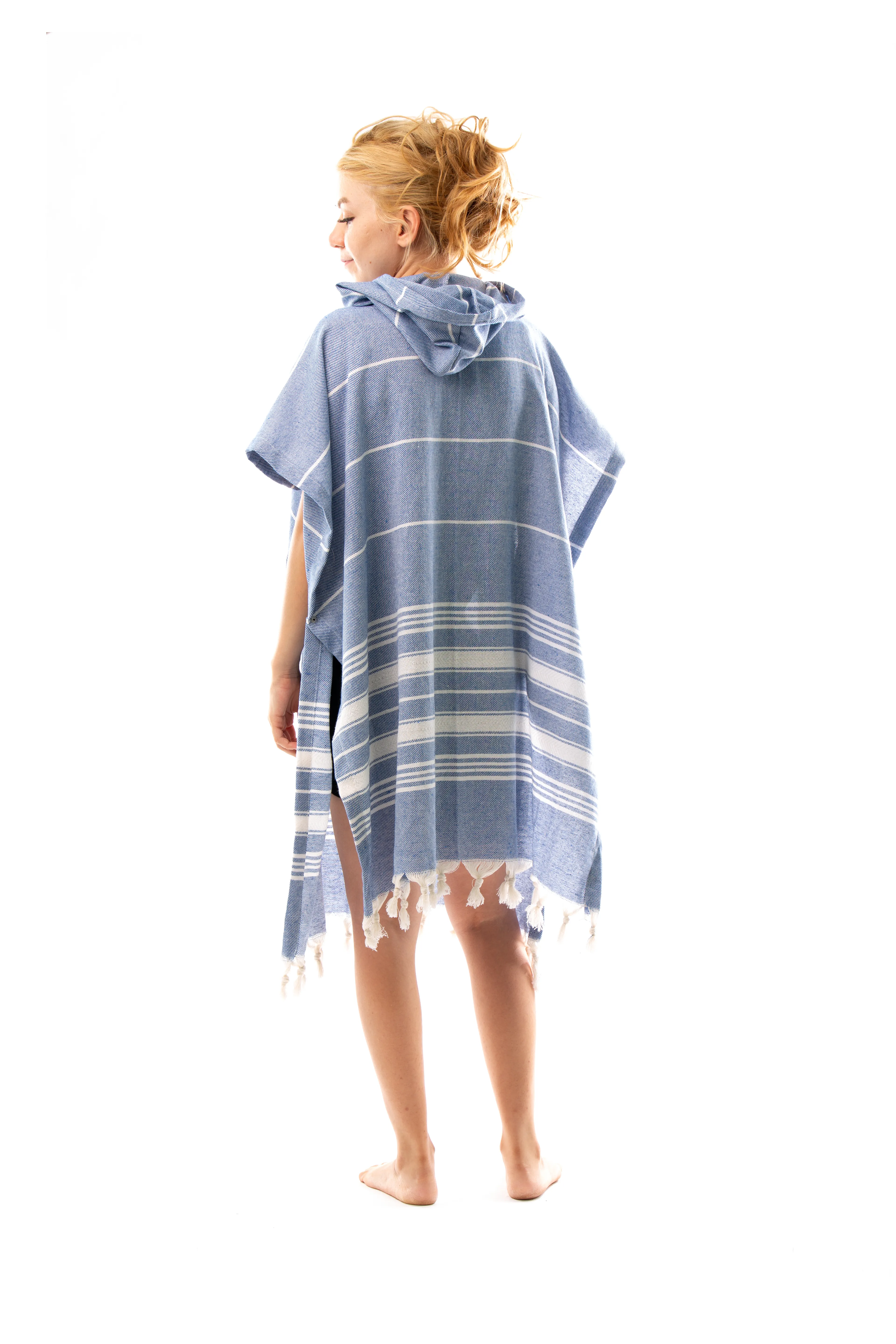 Pamuklu Yetişkin Peştamal Panço Bornoz Plaj Havlusu Mavi