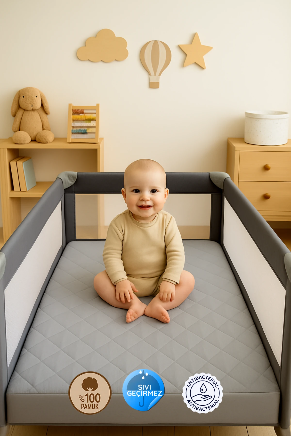 %100 Pamuk Kapitone Fitted Sıvı Geçirmez Bebek-Çocuk Alezi, Park Yatak Beşik Yatak Alezi - Gri