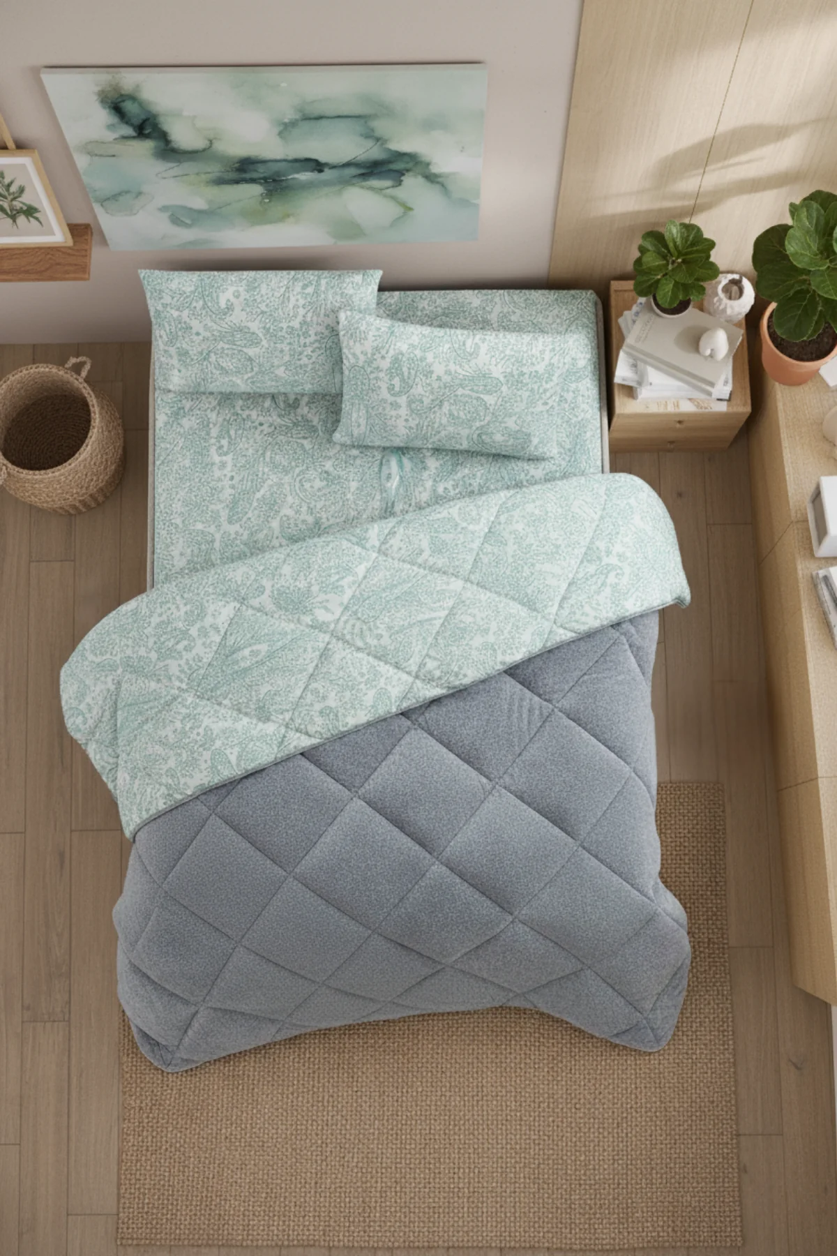 Veluna Battal Boy Lüx Wellsoft Yorgan Çift Taraflı - 2 Adet Yastık Kılıflı Yorgan Seti 215x235 cm - Gri-Yeşil