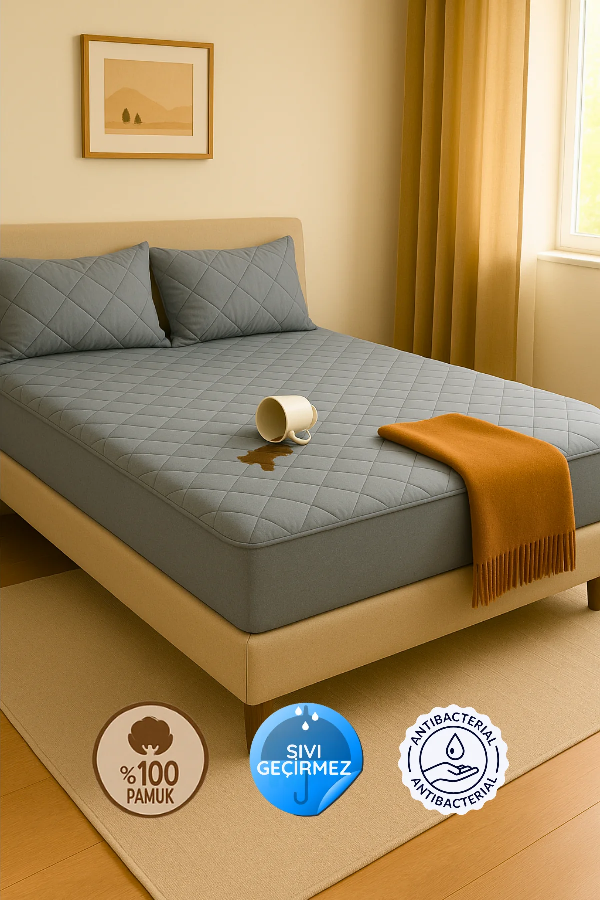 Pamukkale Gri Kapitone Sıvı Geçirmez Yatak Koruyucu Fitted Alez (15 Ebat)