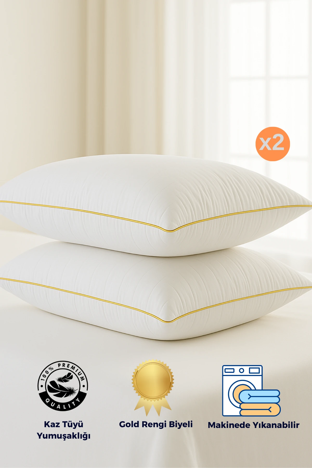 2 Adet Gold Detaylı Gold Rengi Biyeli Nanojel Yastık 1100 gram 50x70 cm, Lüks Otel Yastığı