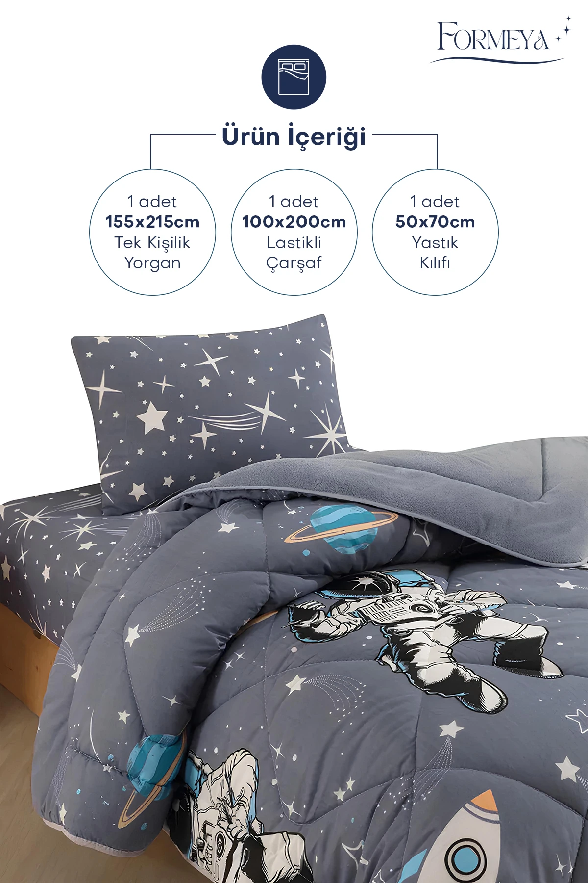 Tek Kişilik Çarşaflı Astronot Desenli Çift Taraflı Wellsoft Uyku Seti (Yorgan+Çarşaf+Yastık Kılıfı)