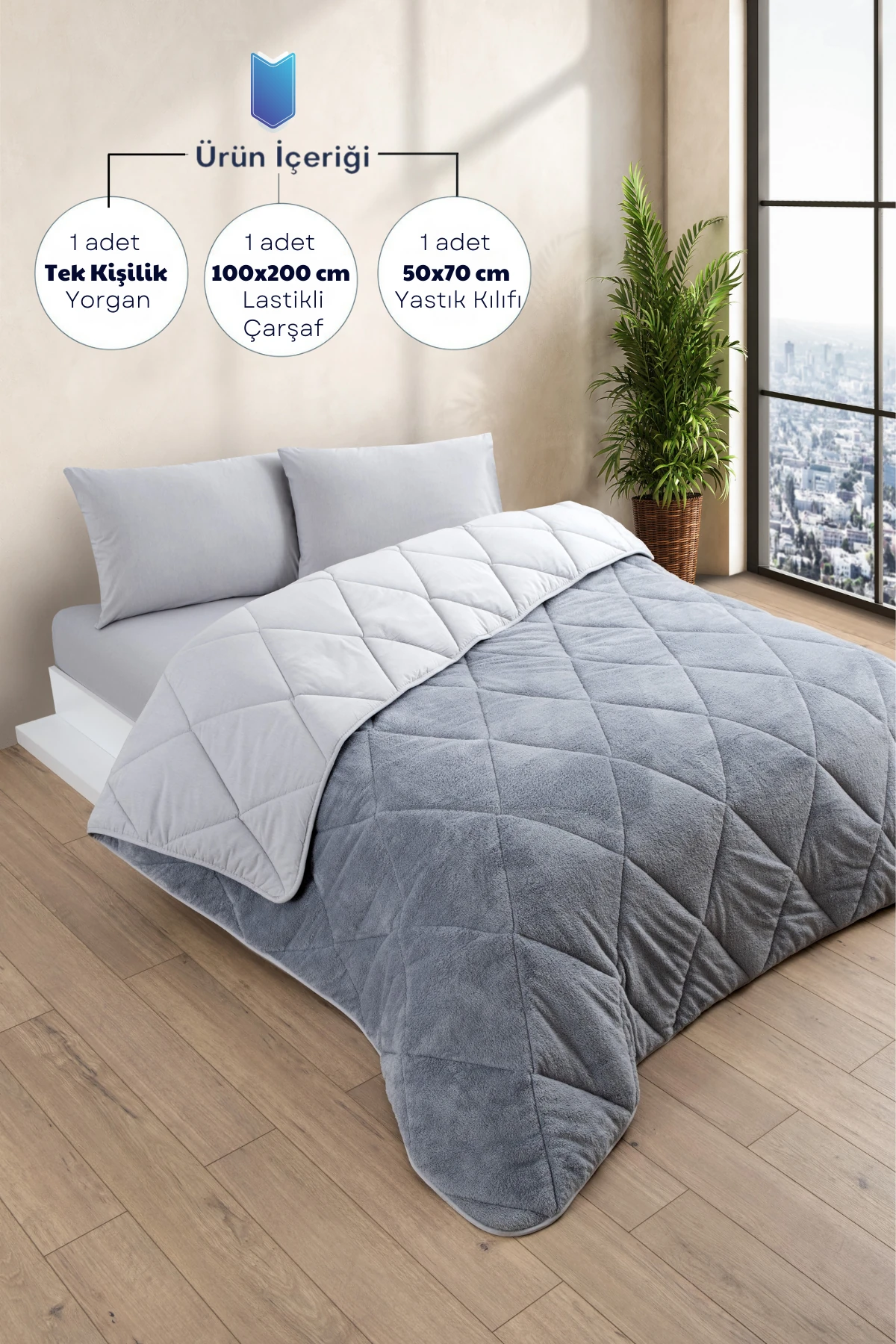 Tek Kişilik Wellsoft Yorgan Uyku Seti - Lastikli Çarşaflı Yastık Kılıflı Tek Kişilik Uyku Seti - Gri