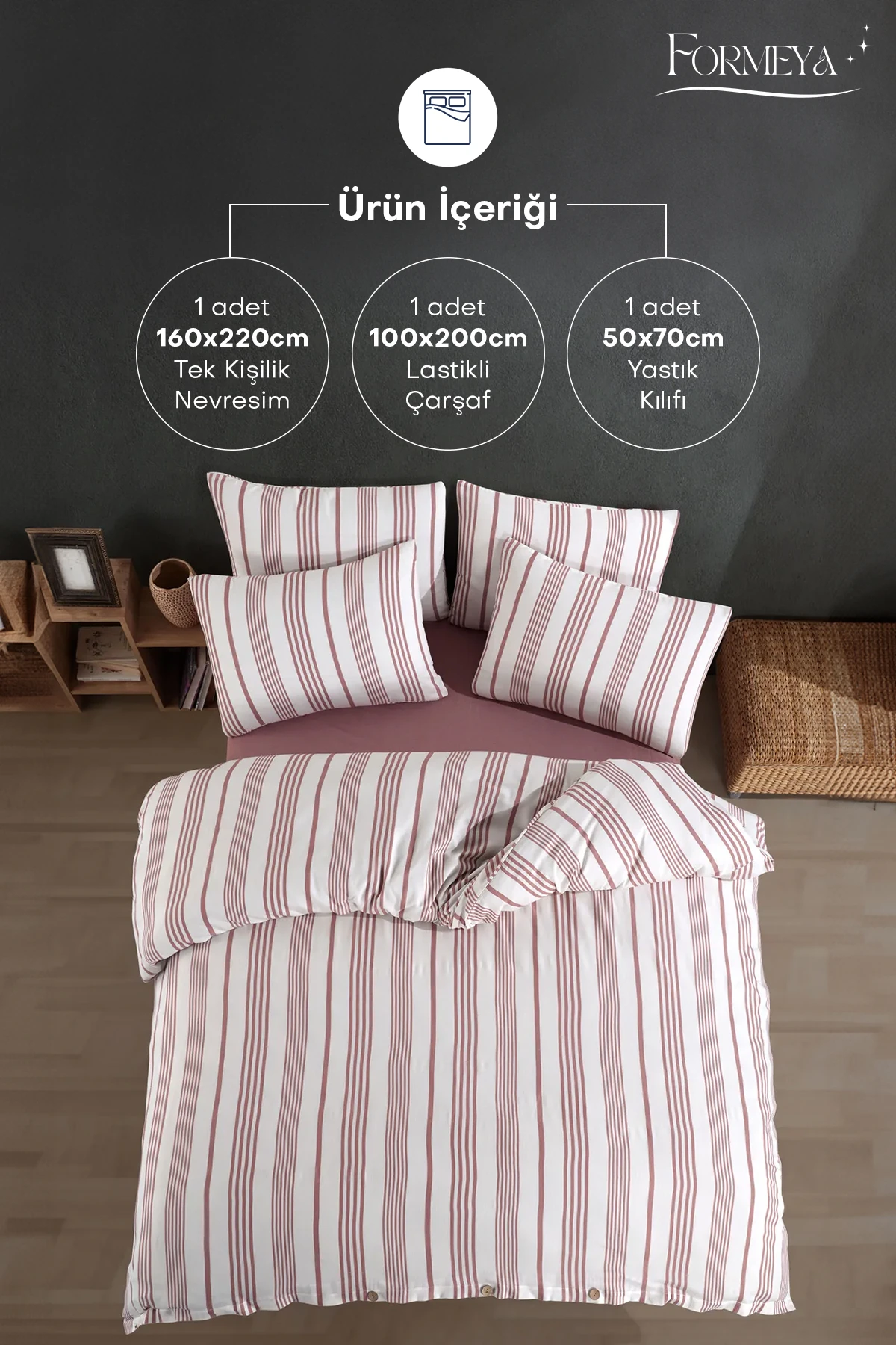 Düğmeli Lastikli Çarşaflı Pamuklu İpliği Boyalı Tek Kişilik Nevresim Takımı (1 Adet Yastık Kılıflı)