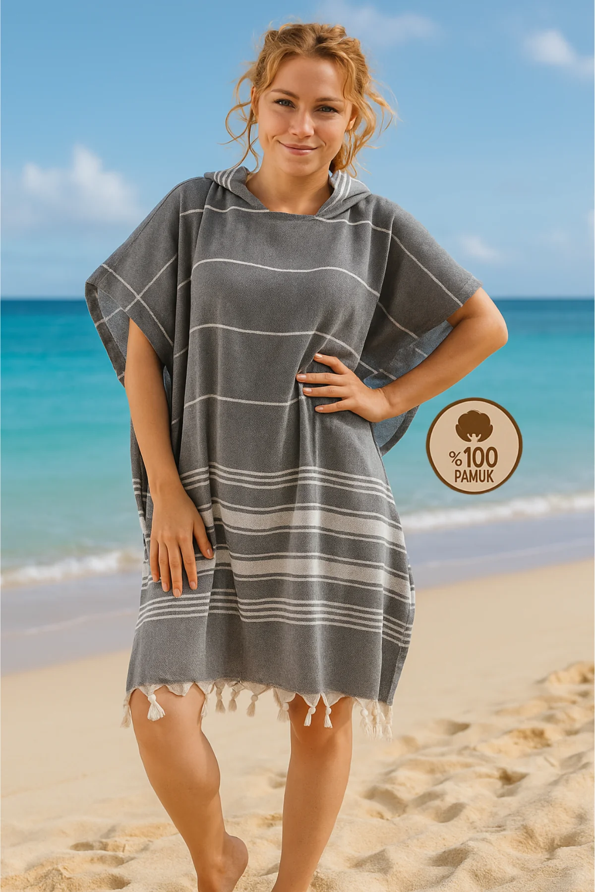 Pamuklu Yetişkin Peştamal Panço Bornoz Plaj Havlusu Gri