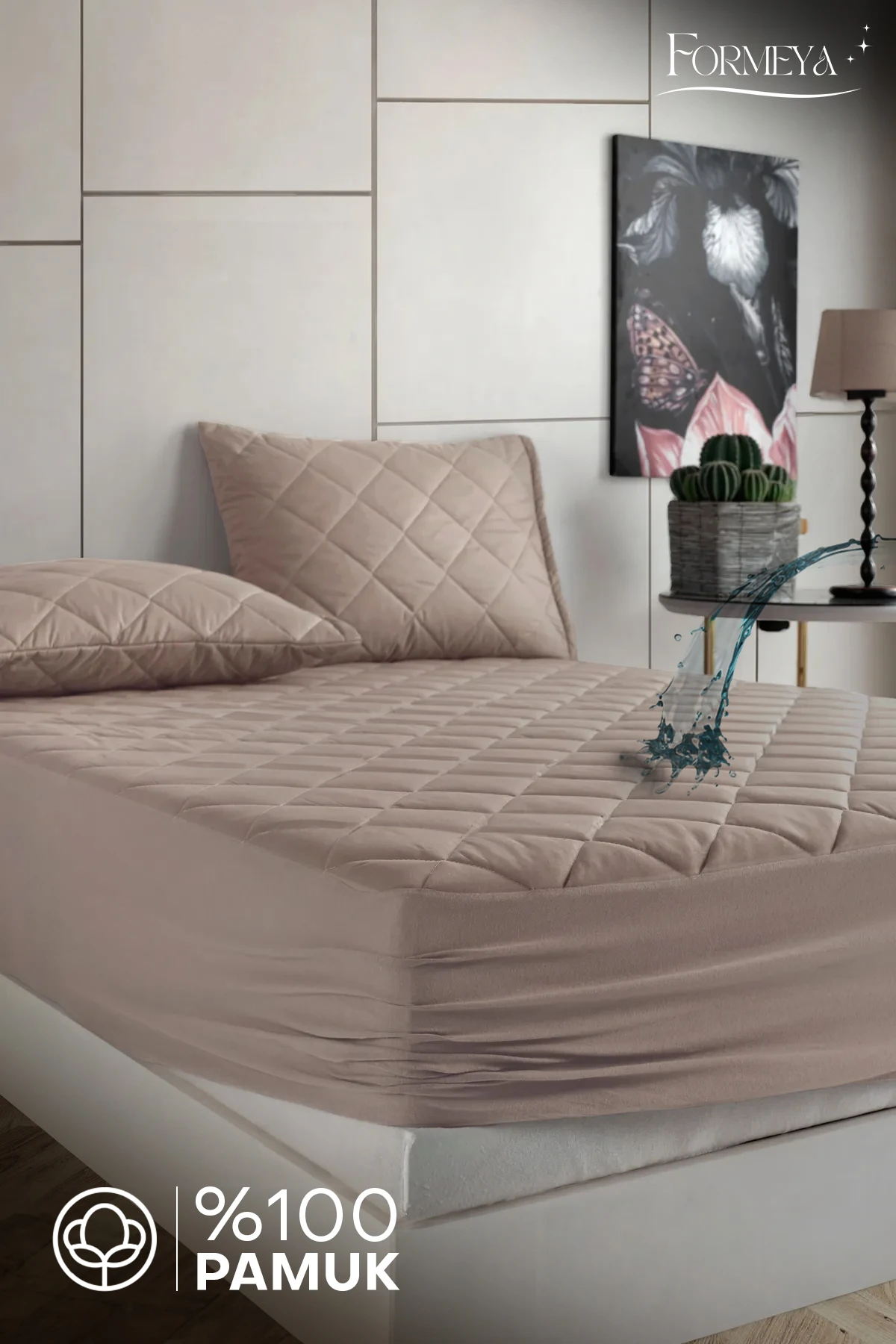 Pamukkale Renkli Alez Kahverengi %100 Pamuk Kapitone Sıvı Geçirmez Alez Çarşaf Fitted (15 Ebat)