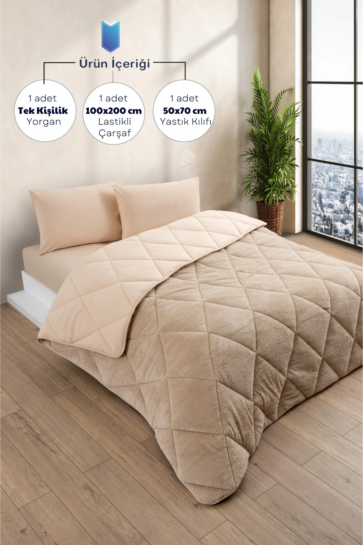 Tek Kişilik Wellsoft Yorgan Uyku Seti - Lastikli Çarşaflı Yastık Kılıflı Tek Kişilik Uyku Seti - Bej