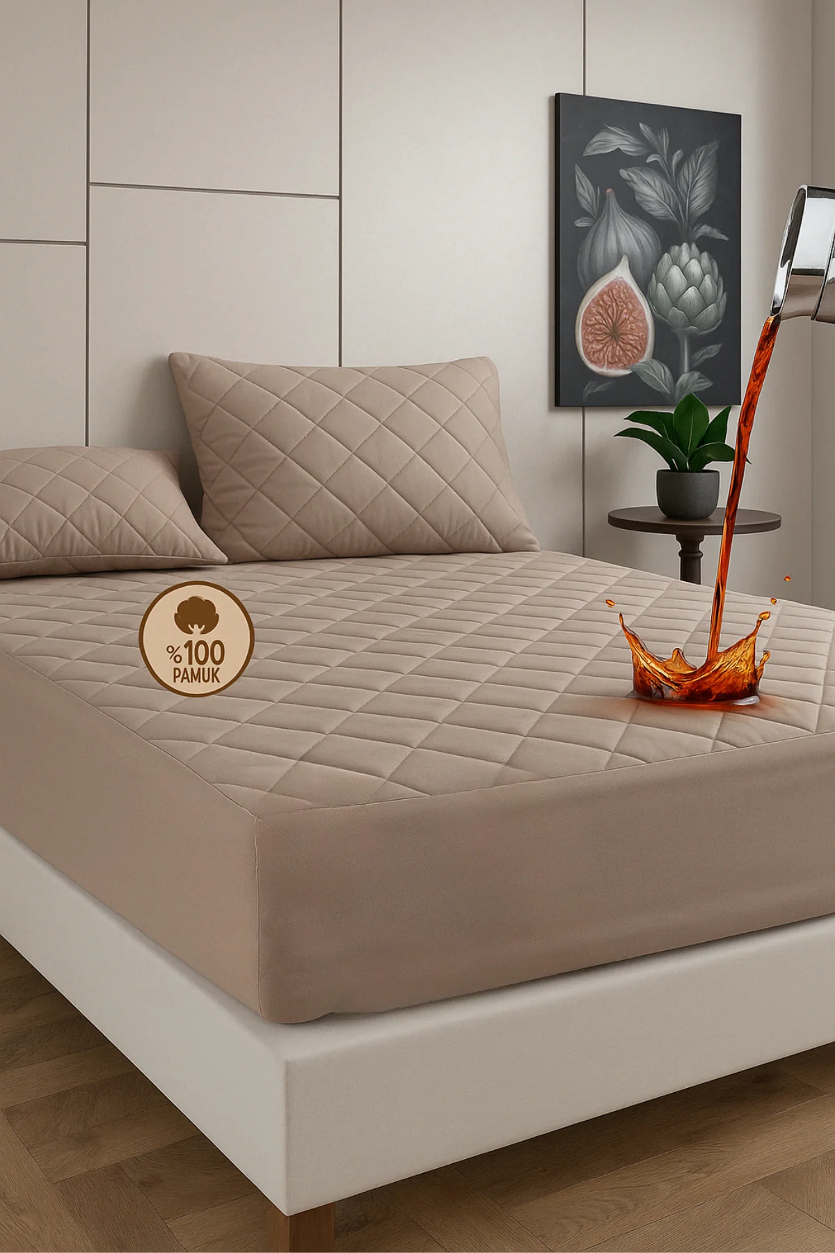 Pamukkale Alez Set Kahverengi Kapitone Sıvı Geçirmez Yatak Koruyucu-2 Adet Yastık Koruyucu (9 Ebat)