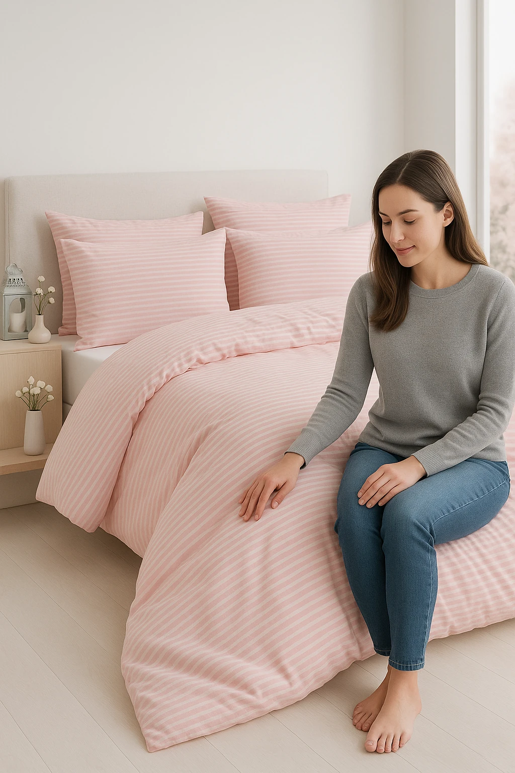 Çizgili Lastikli Çarşaflı Çift Kişilik Nevresim Takımı