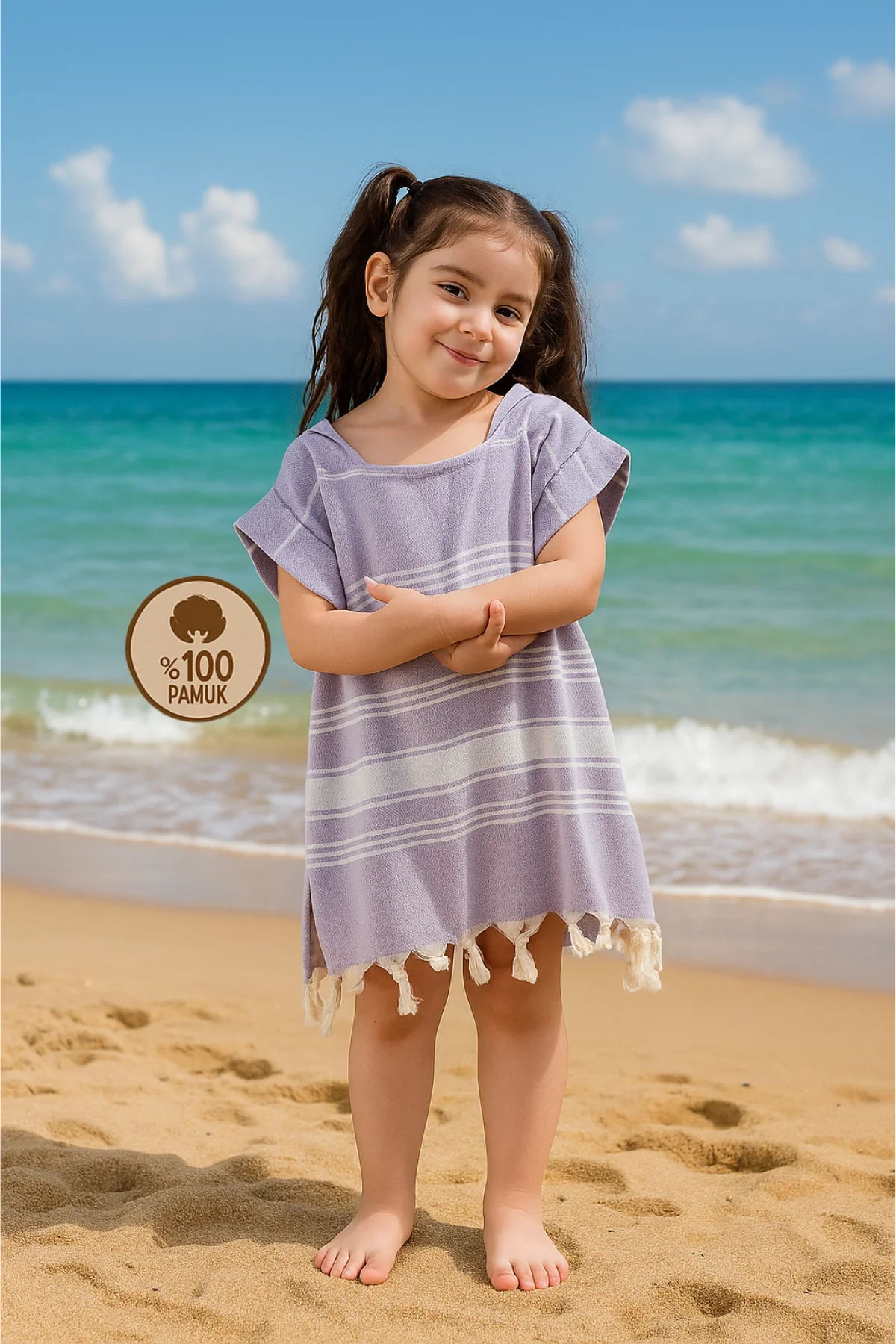 Çocuk Bornoz Panço %100 Pamuk Plaj Havlusu Peştamal Lila
