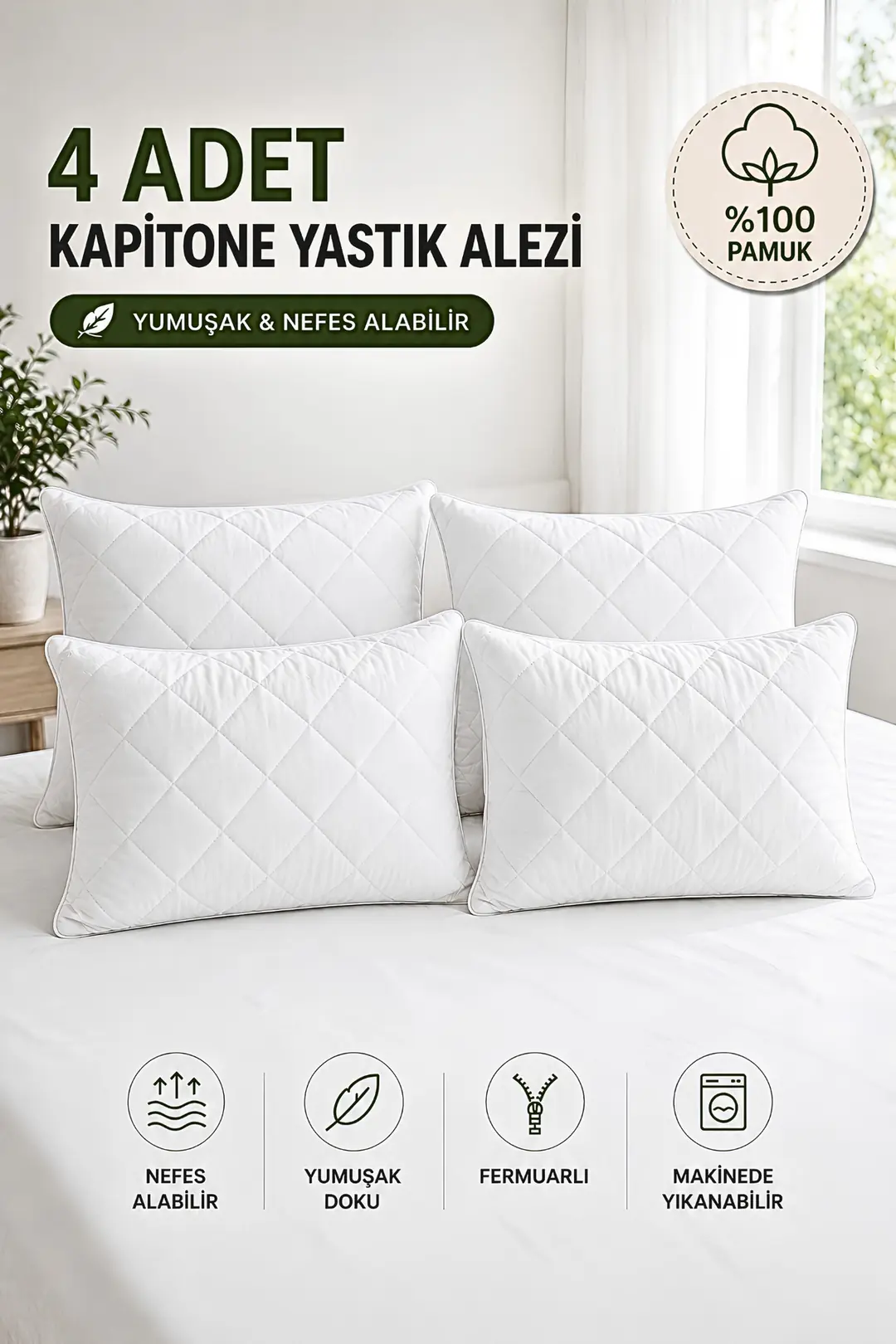 4 Adet Pamuk Kapitone Yastık Koruyucu