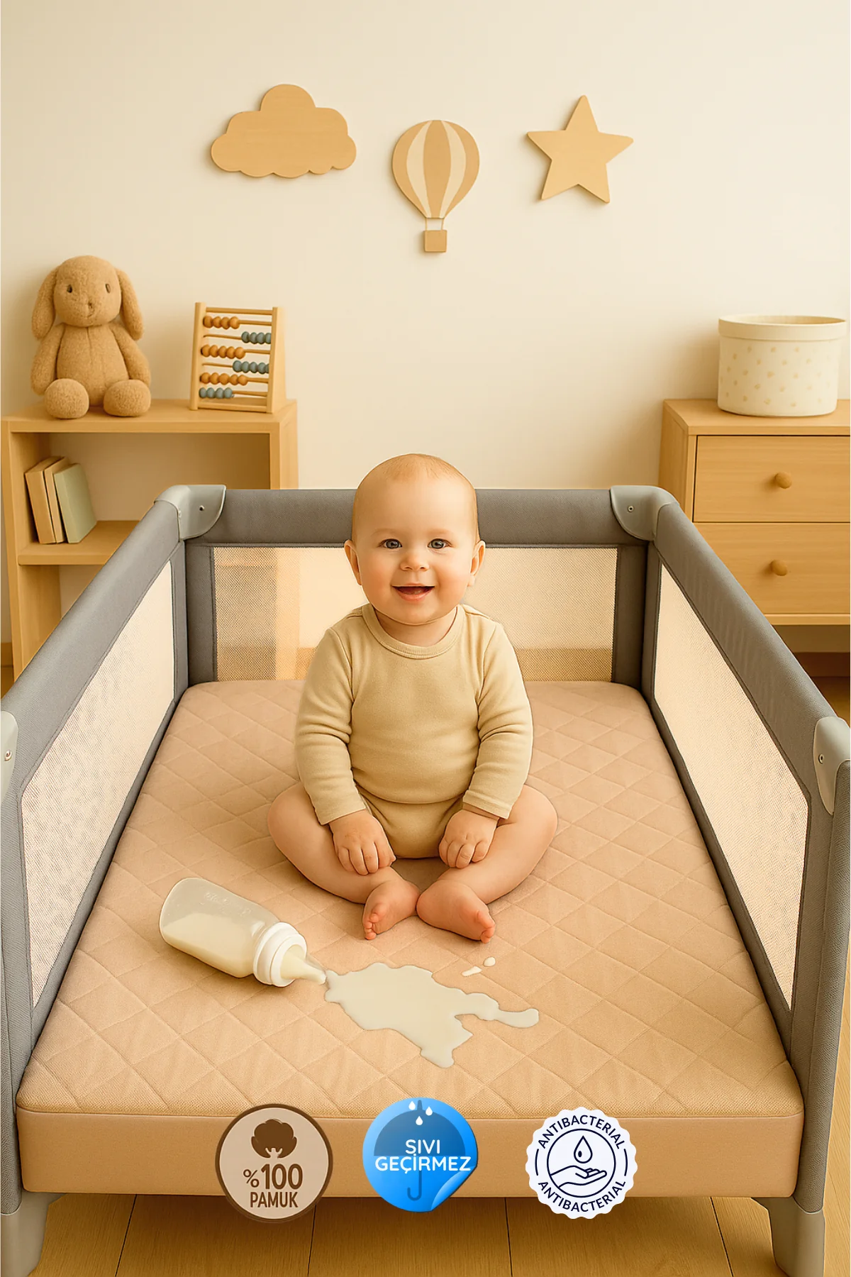 %100 Pamuk Kapitone Fitted Sıvı Geçirmez Bebek-Çocuk Alezi, Park Yatak Beşik Yatak Alezi - Kahverengi