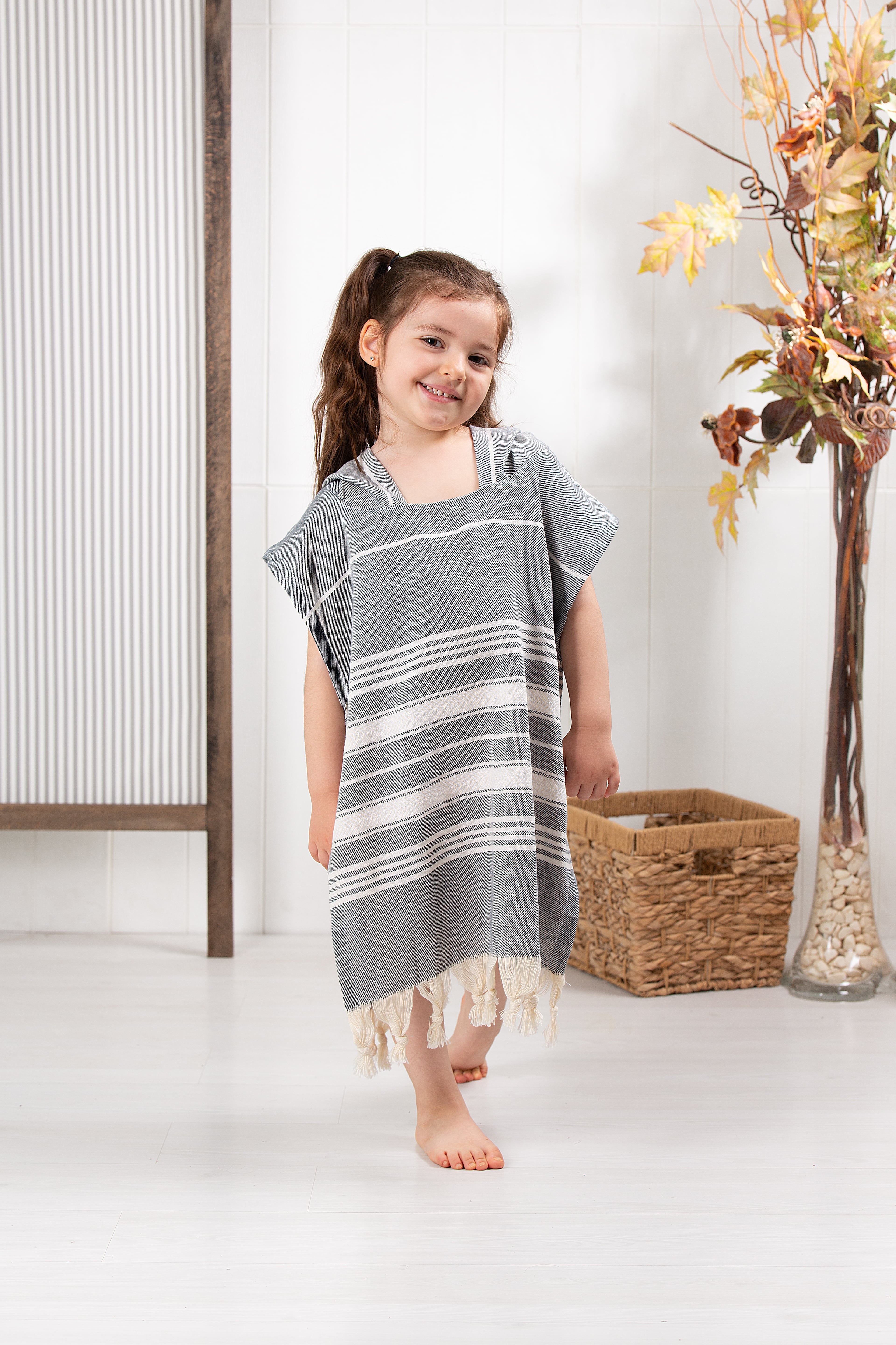 Çocuk Bornoz Panço %100 Pamuk Plaj Havlusu Peştamal Gri