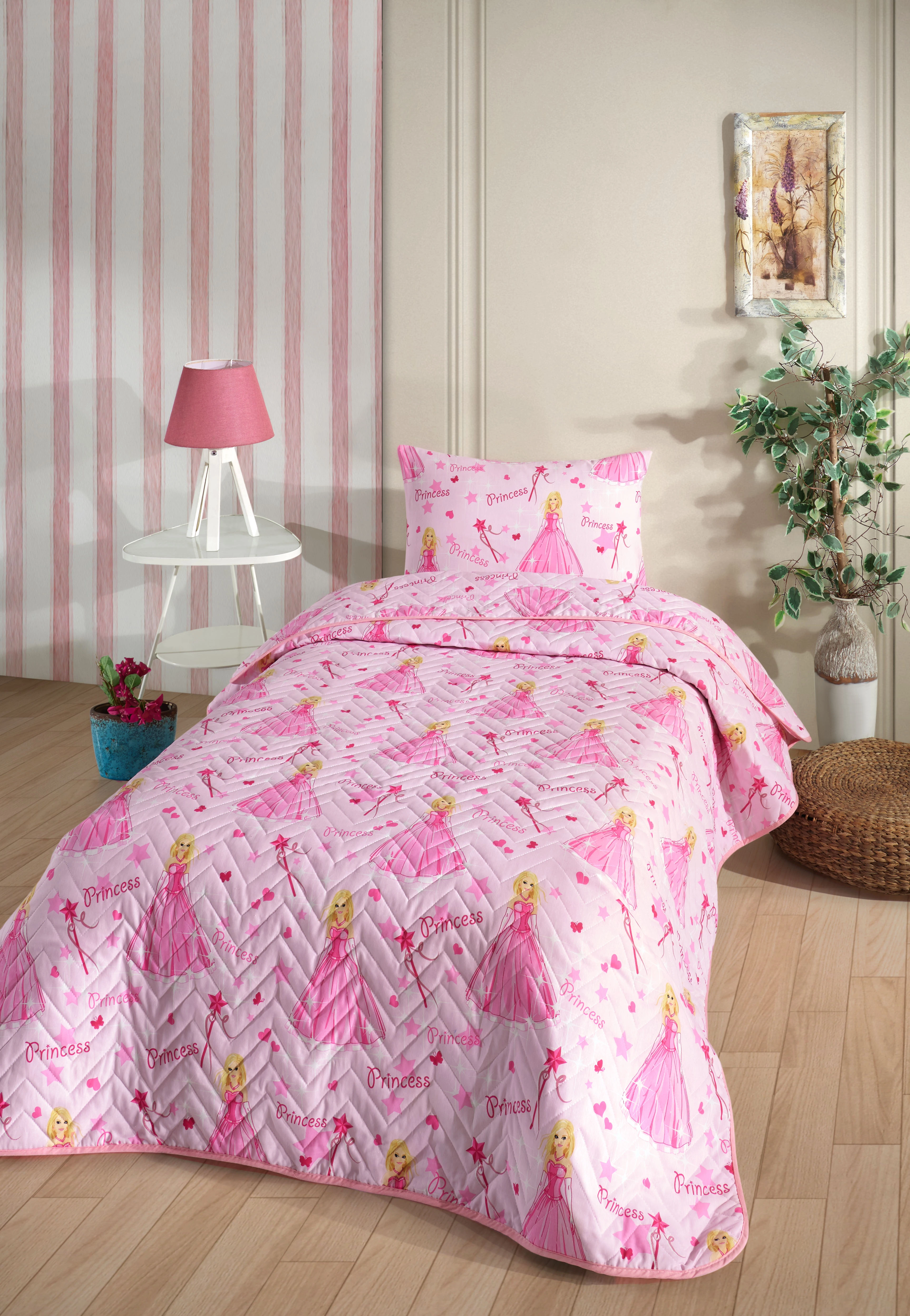 Prenses Desenli Çocuk-Genç Odası Tek Kişilik Pike-Yatak Örtüsü Takımı 160 x 230 cm (ÇARŞAFSIZ)