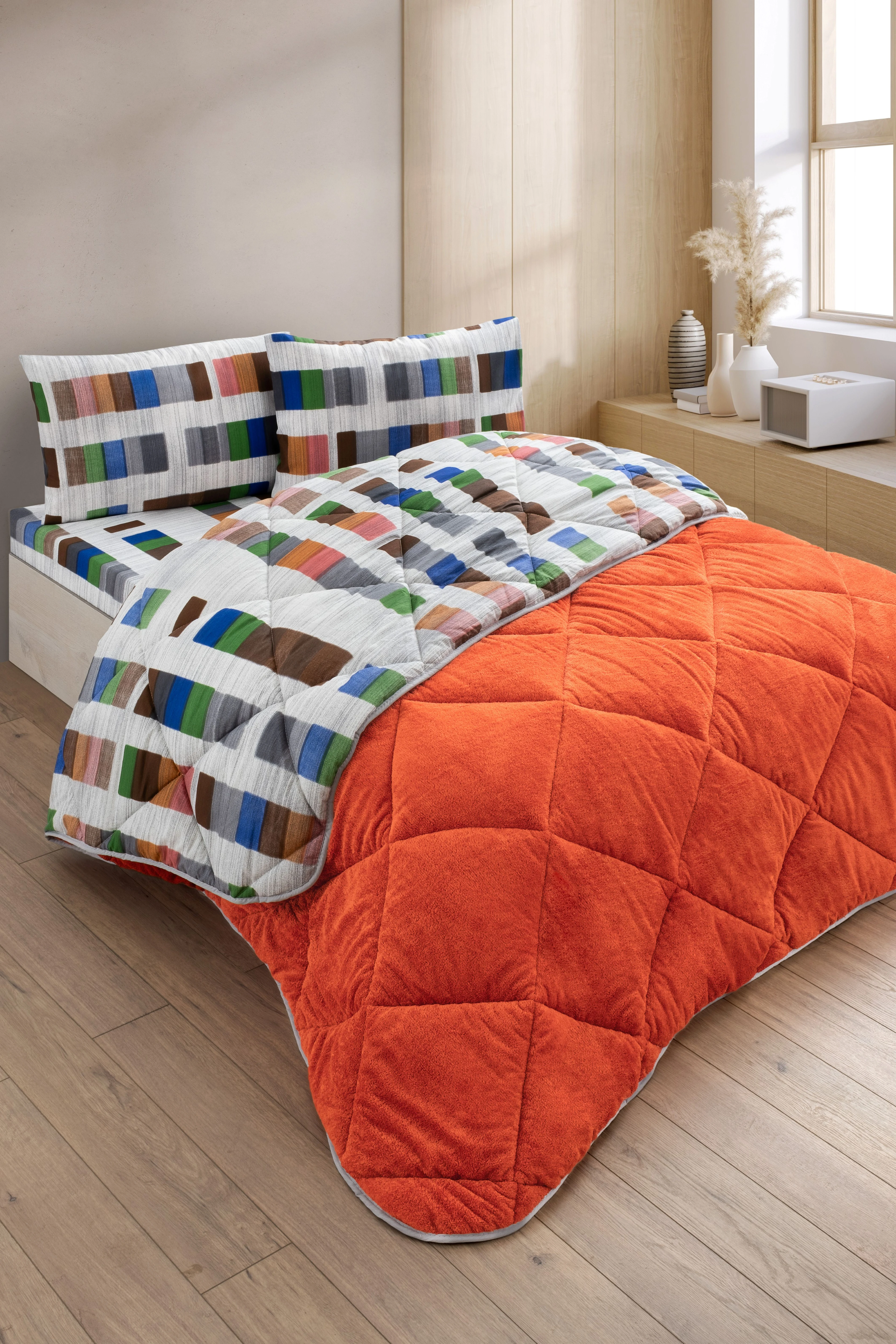 Veluna Battal Boy Lüx Wellsoft Yorgan Çift Taraflı - 2 Adet Yastık Kılıflı Yorgan Seti 215x235 cm - Turuncu