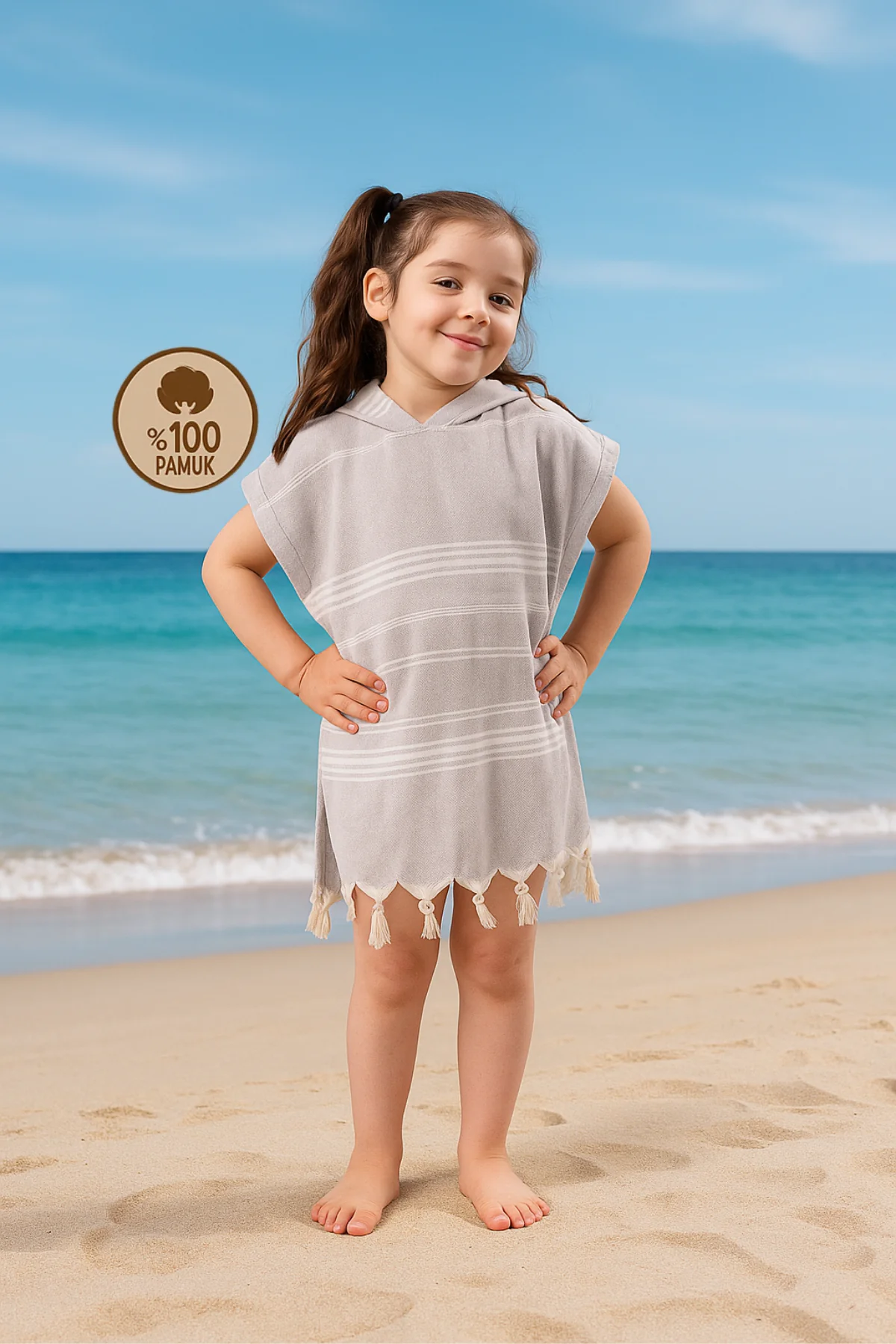 Çocuk Bornoz Panço %100 Pamuk Plaj Havlusu Peştamal Kahverengi