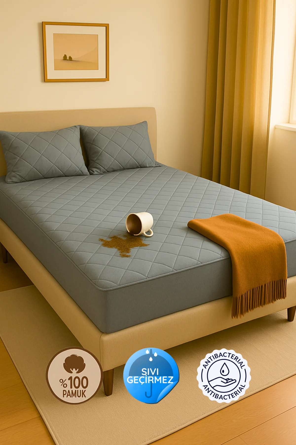 Renkli Sıvı Geçirmez Kapitone %100 Pamuk Lastikli Çarşaf Takımı (2 Adet Yastık Koruyucu Dahil)