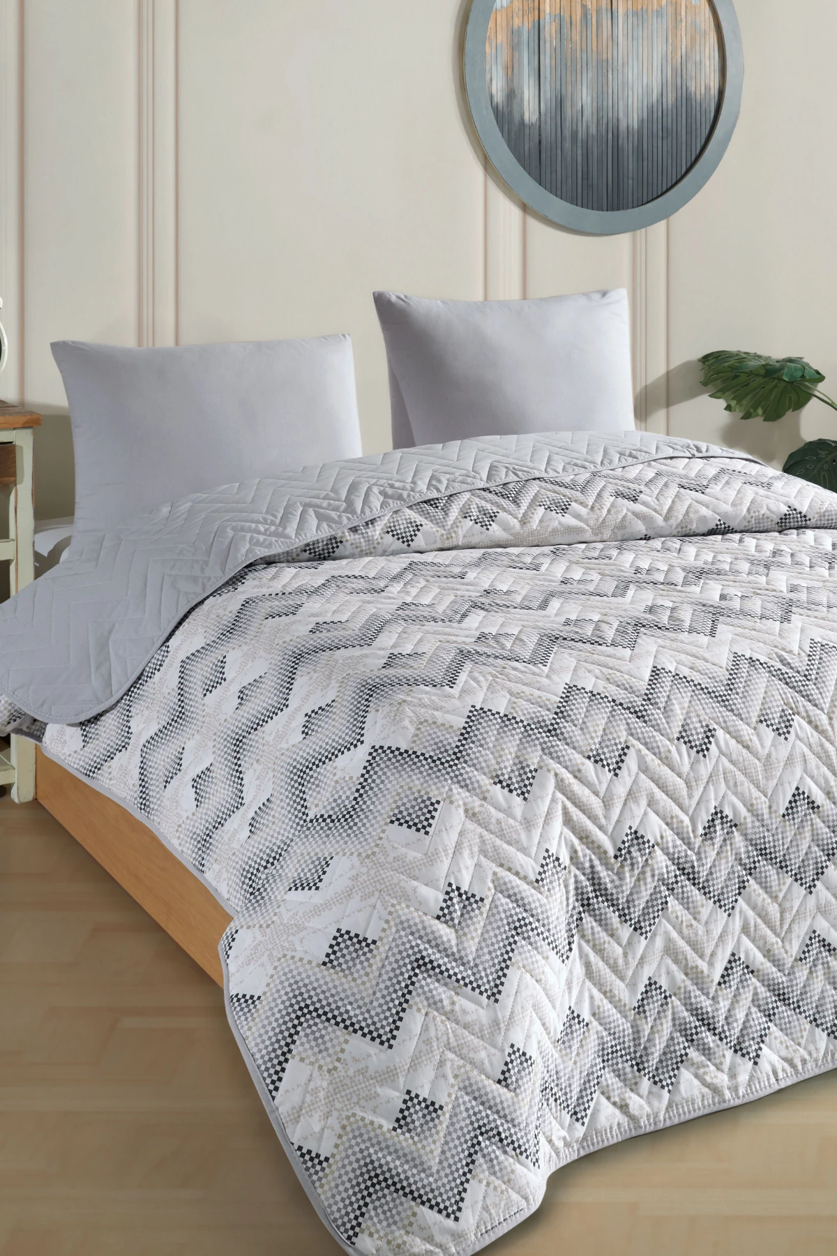Tek Kişilik Desenli Kapitone Çift Taraflı Renkli Pike Yatak Örtüsü Takımı 160 x 230 cm (Çarşafsız) - Gri