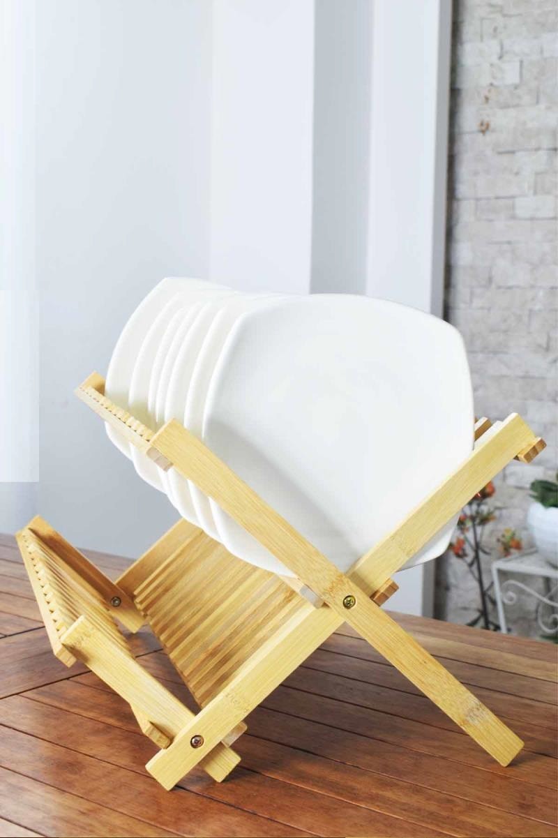 Bambu Katlanabilir Tabaklık Bulaşıklık Bulaşık Sepeti Kurutmalık