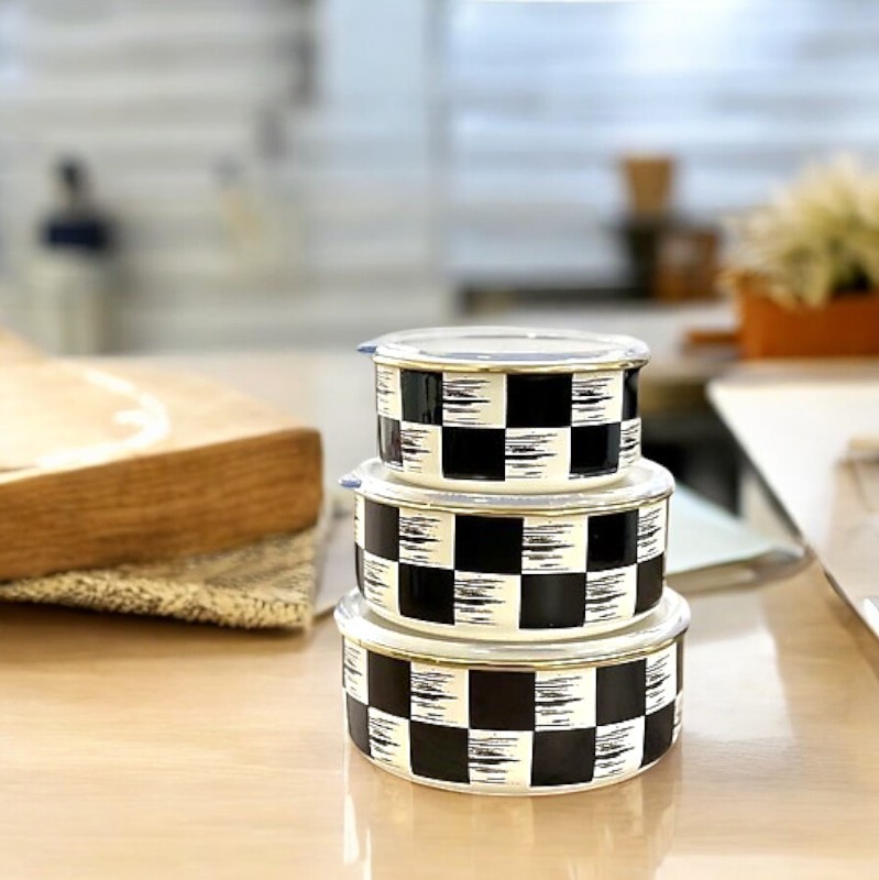 Kitchen Dama Desen Siyah-Krem Emaye 3 Lü Saklama Kabı 14/16/18 cm