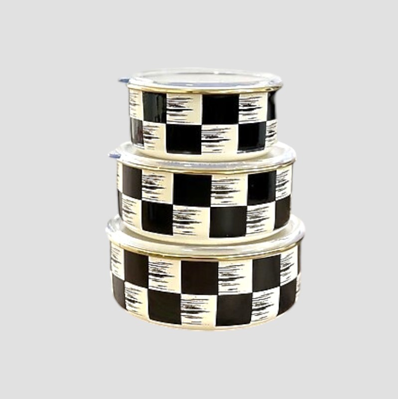Kitchen Dama Desen Siyah-Krem Emaye 3 Lü Saklama Kabı 14/16/18 cm