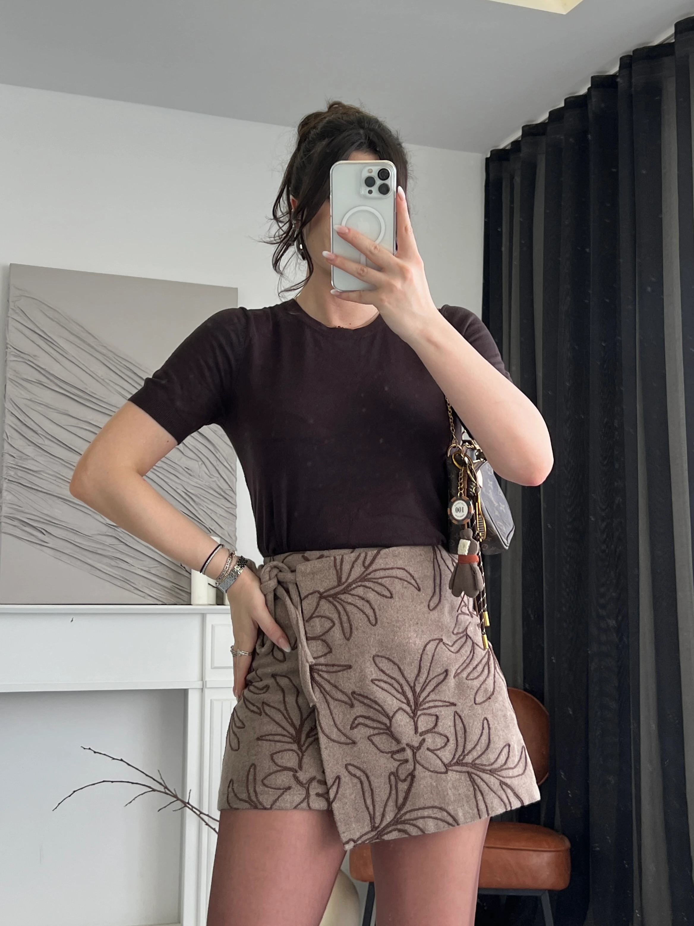 Desenli Bağlamalı Etek - Kahverengi