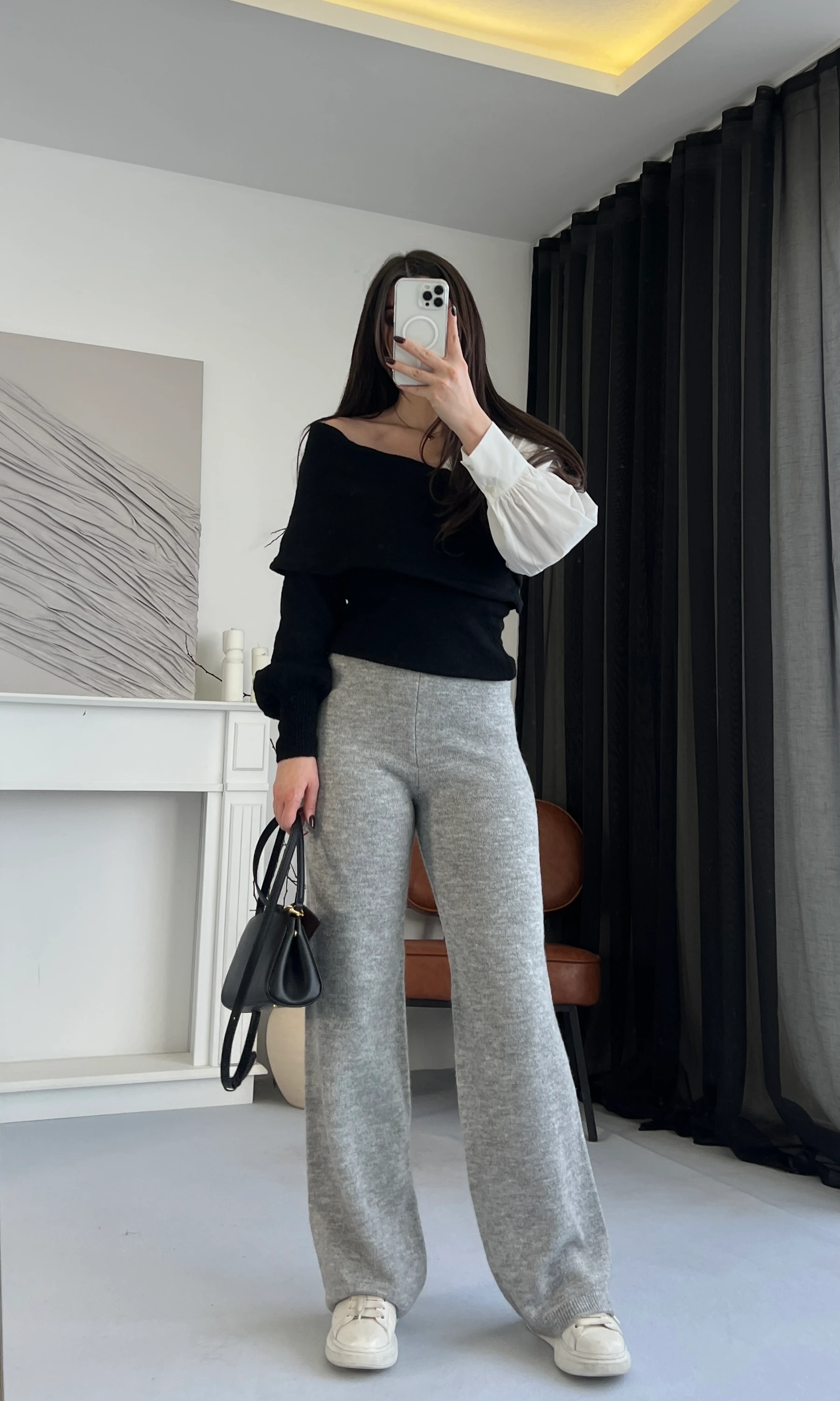 Yüksek Bel Rahat Kesim Triko Pantolon - Gri