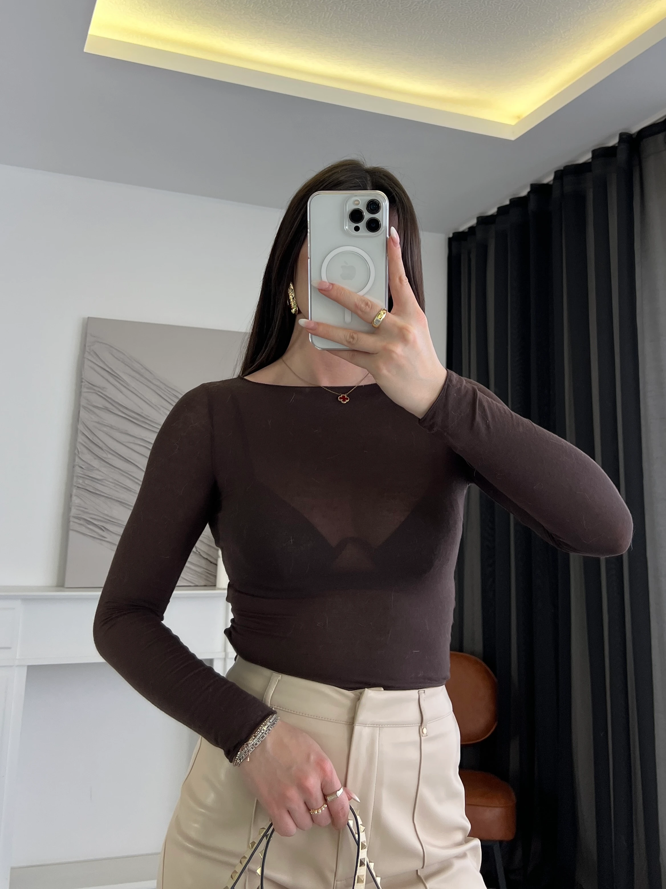 Kayık Yaka Transparan Bluz - Kahverengi