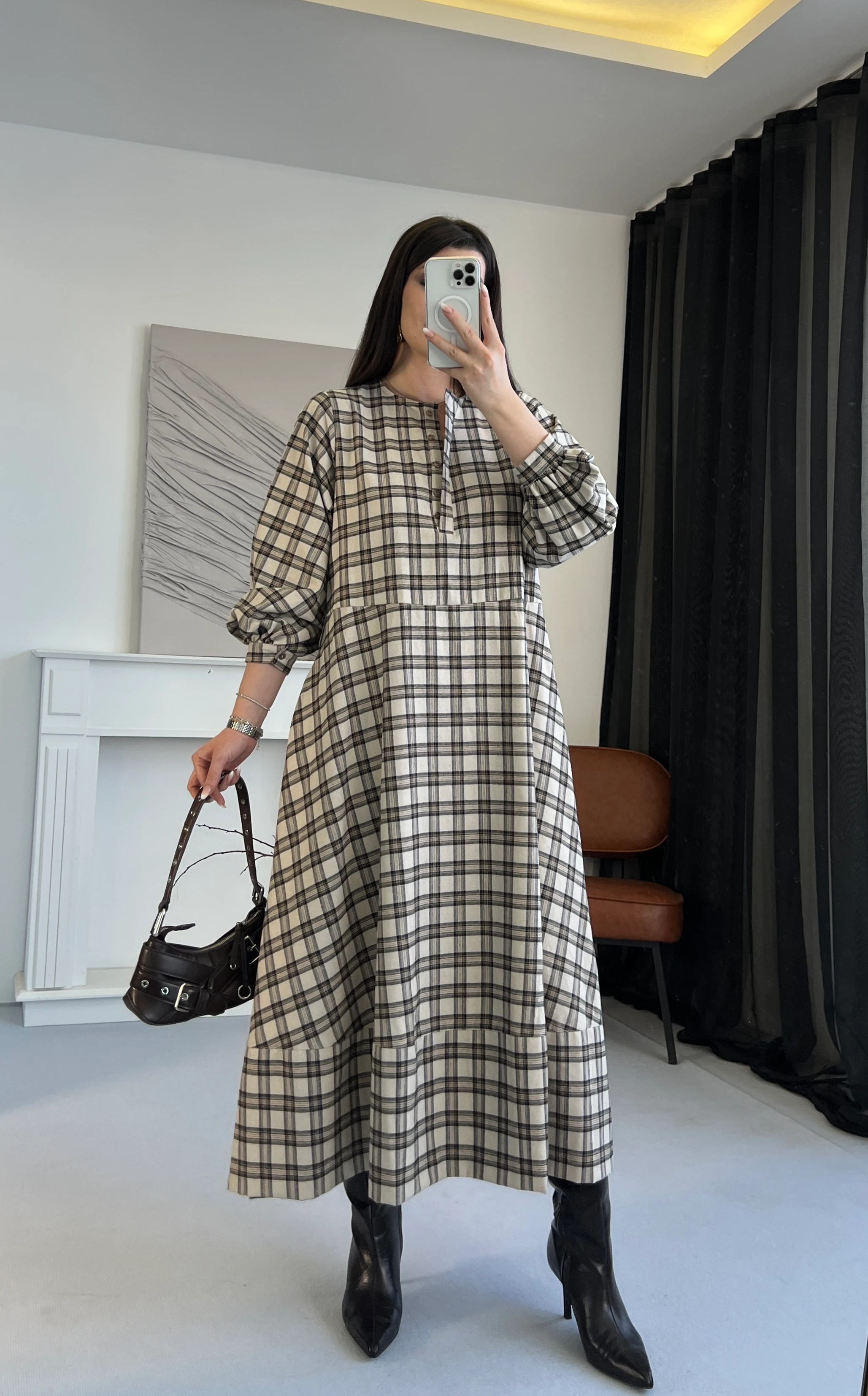 Ekose Desenli Kuşaklı Midi Elbise