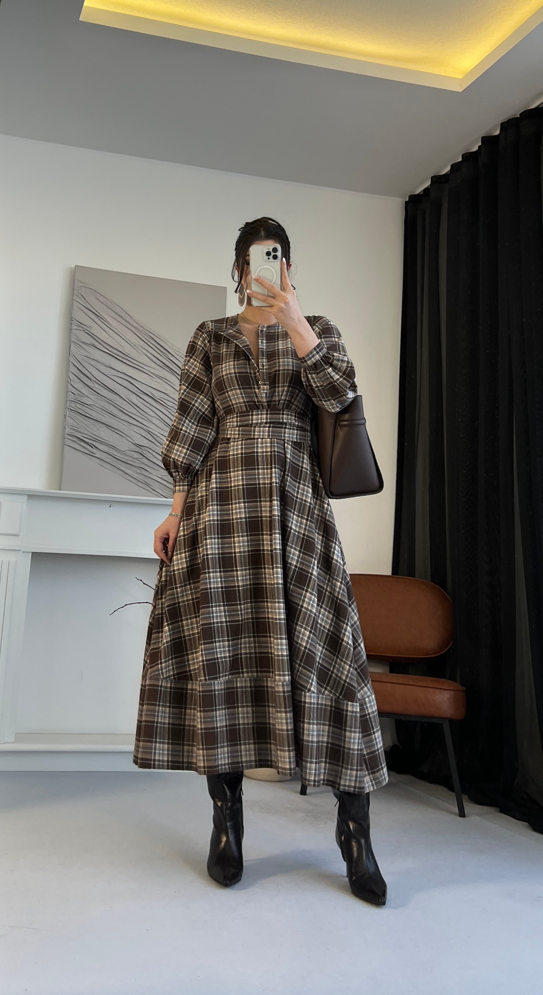 Ekose Kuşaklı Midi Elbise