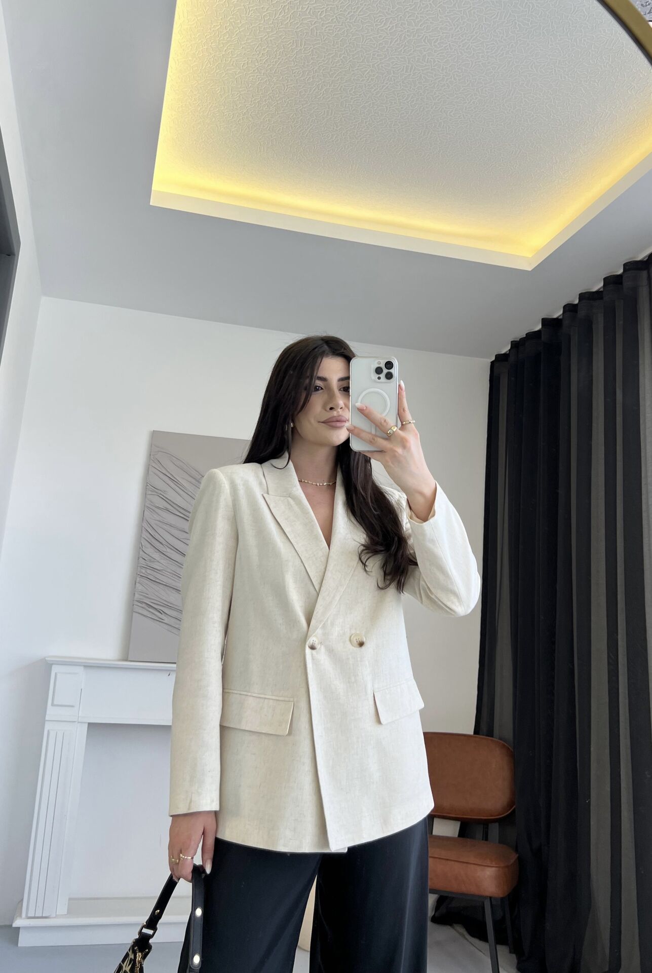 Kruvaze Naturel Keten Blazer Ceket