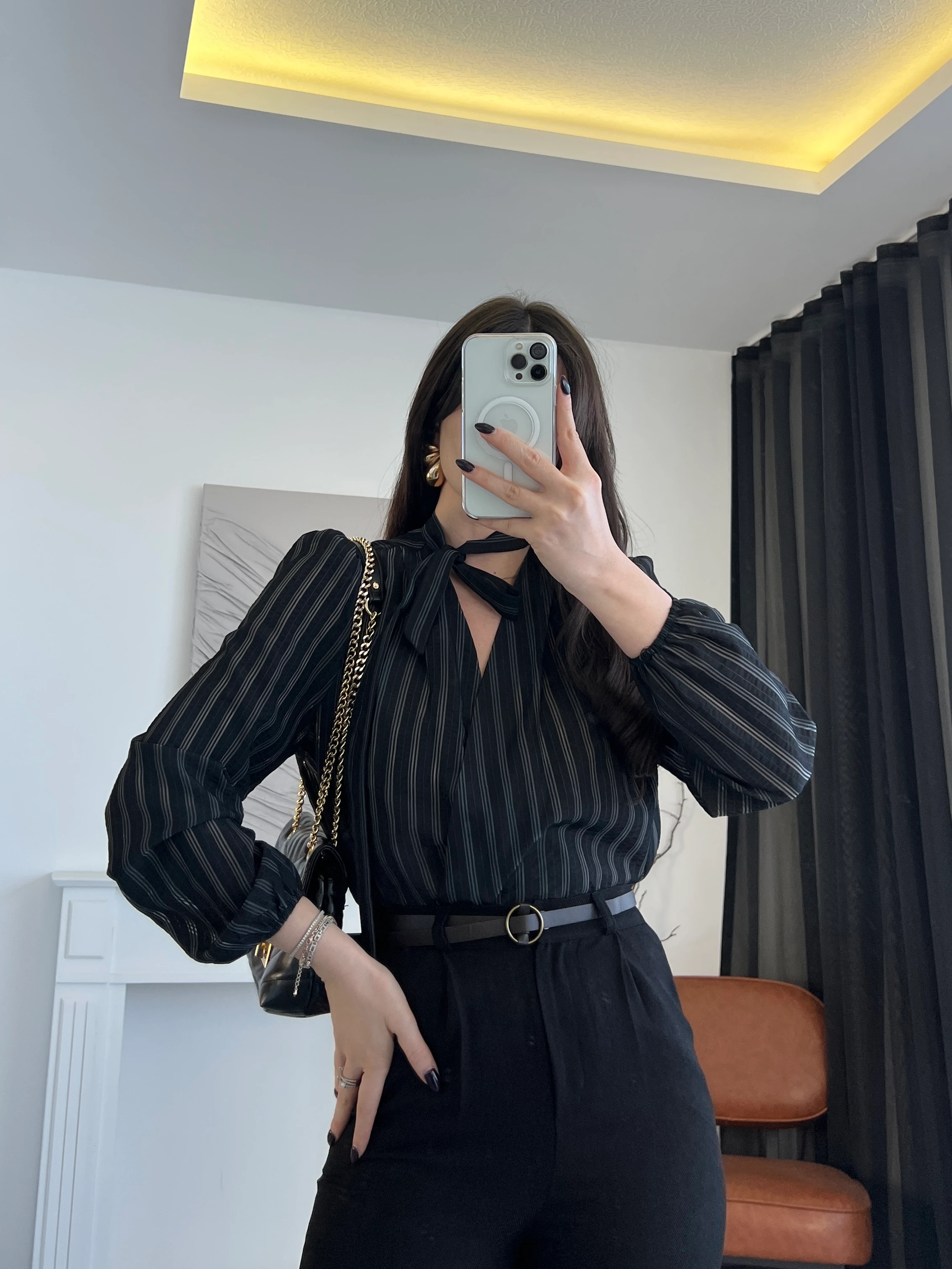 Çizgili Bağlama Detaylı Kruvaze Bluz