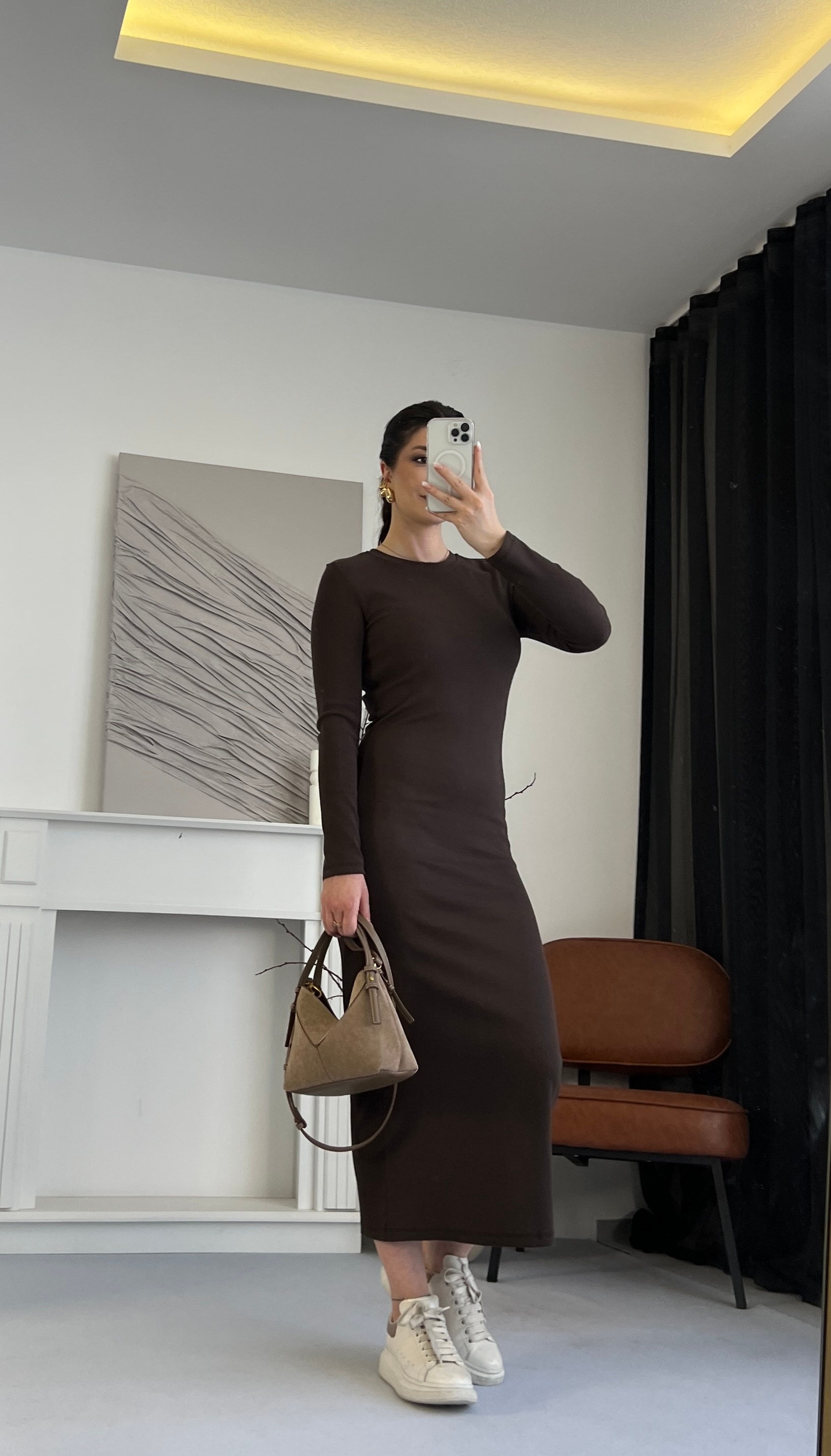 Basic Uzun Kollu Triko Elbise - Kahverengi