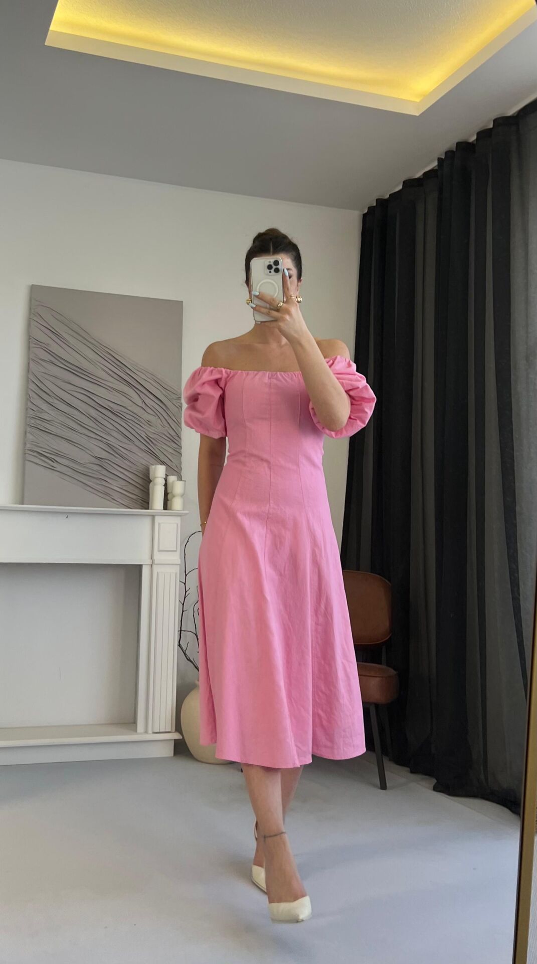 Balon Kol Madonna Yaka Pembe Elbise