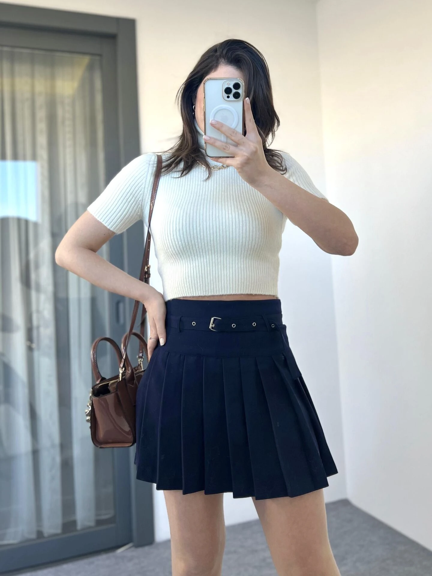 Lacivert Kemerli Pileli Şort Etek