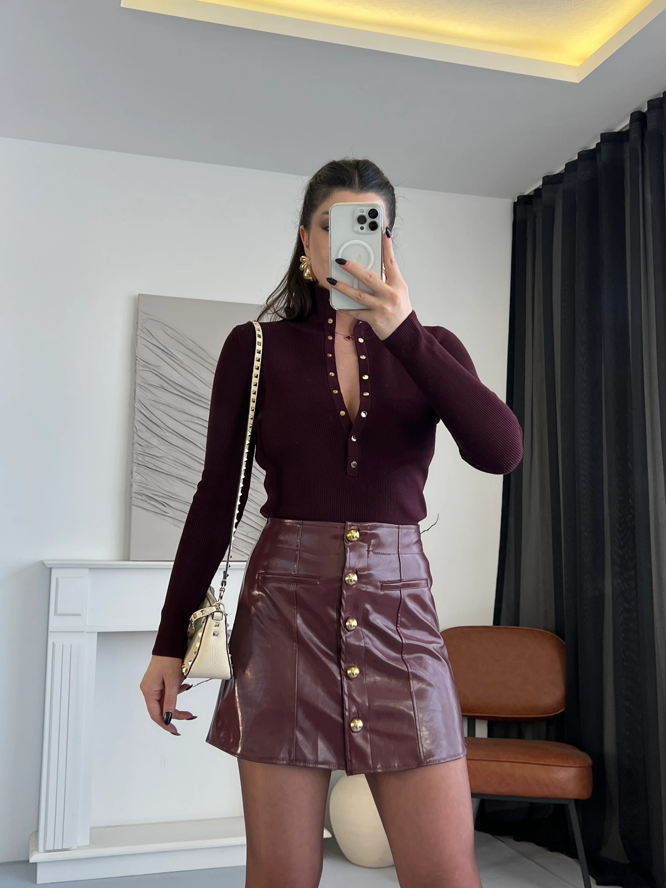 Düğme Detaylı Deri Etek