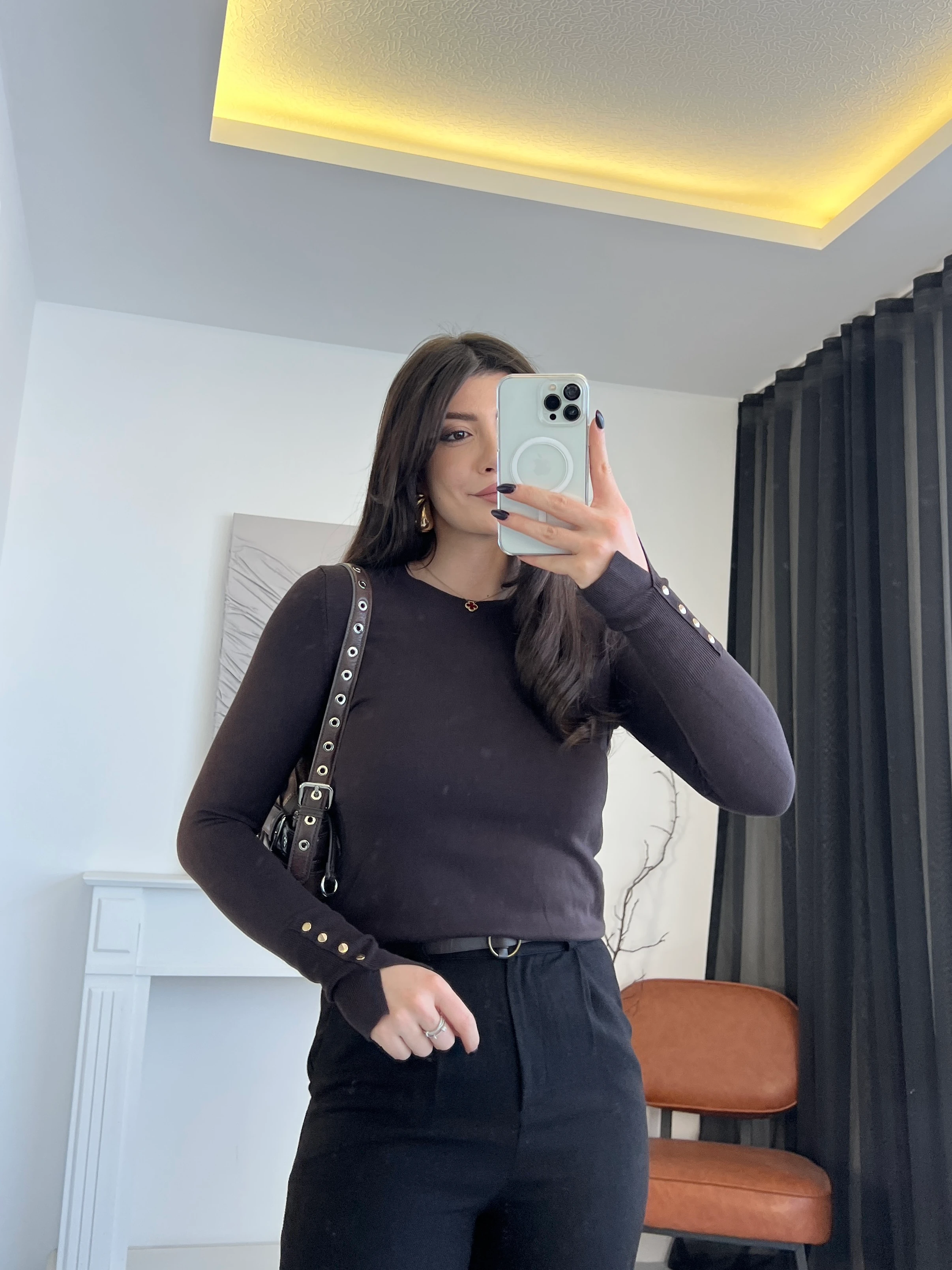 Bisiklet Yaka Droplu Triko Bluz - Kahverengi