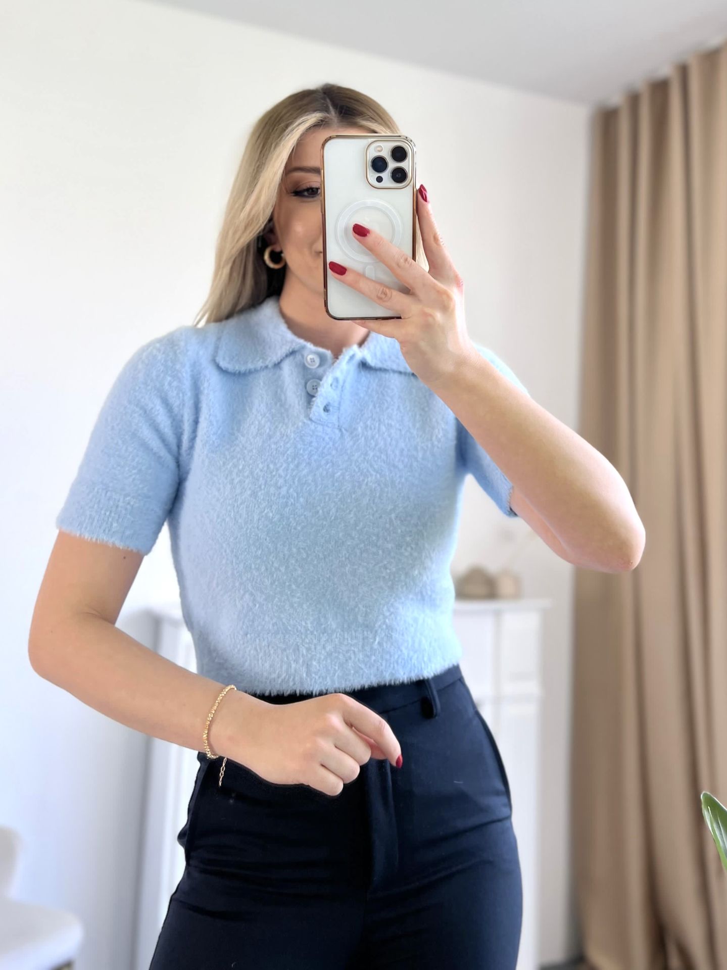 Mavi Polo Yaka Düğmeli Yumuşak Dokulu Crop Kazak
