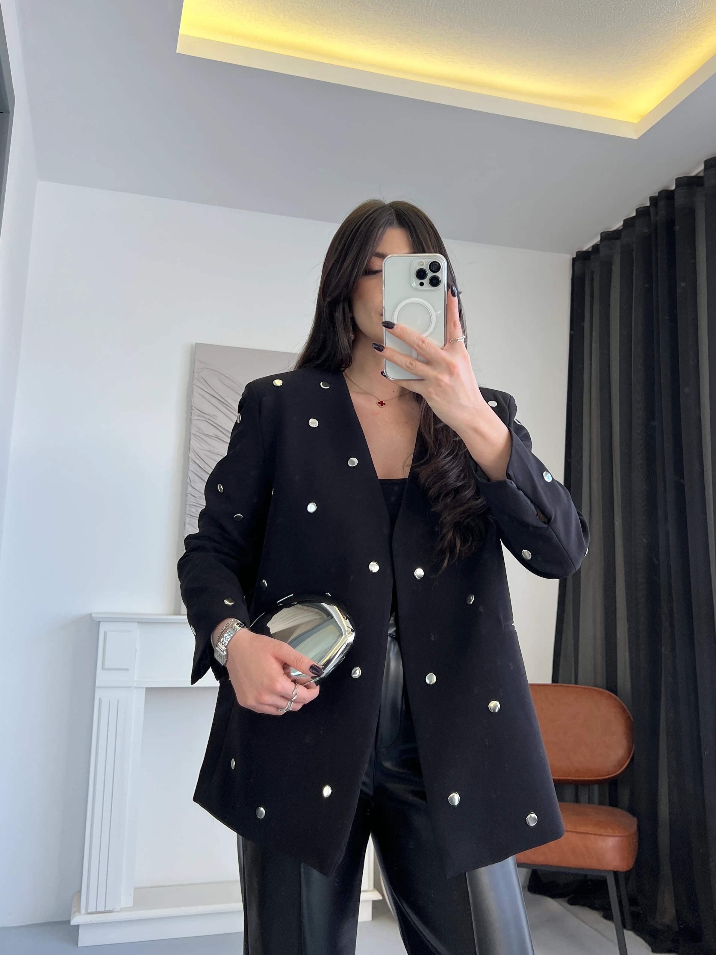 Droplu V Yaka Blazer Ceket - Siyah